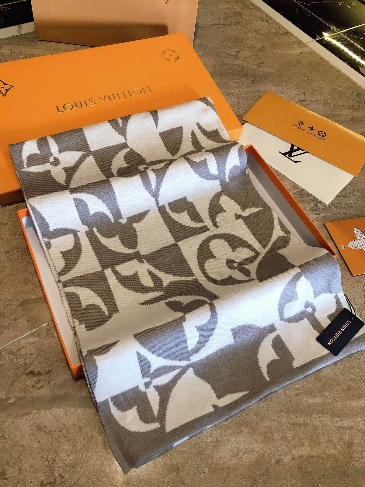 Luxury Monogram Pattern Designer Scarf, White and Grey Soft Winter Wrap for Men and Women