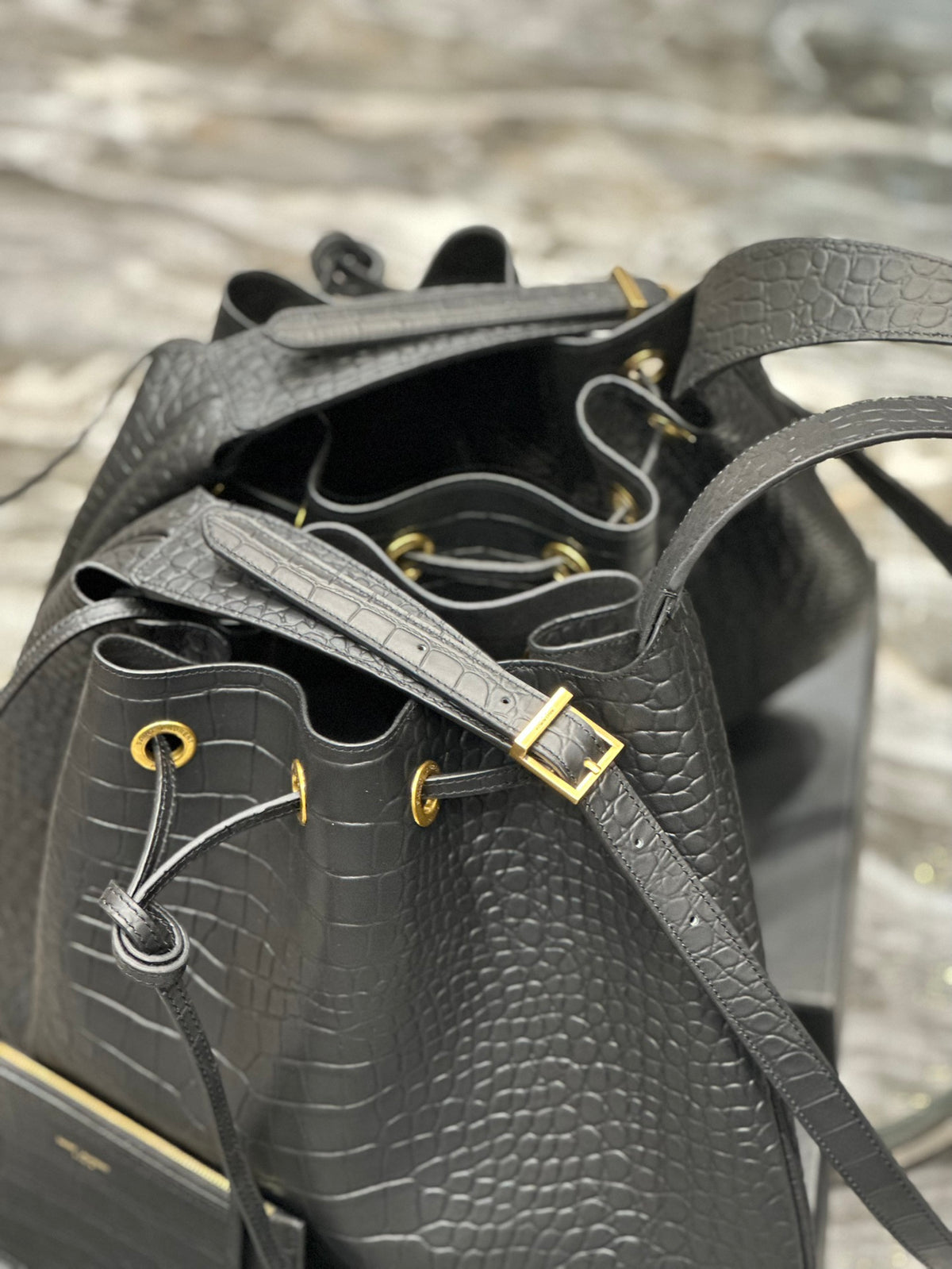Saint Laurent Crocodile-Embossed Leather Bucket Bag with Pouch - Black