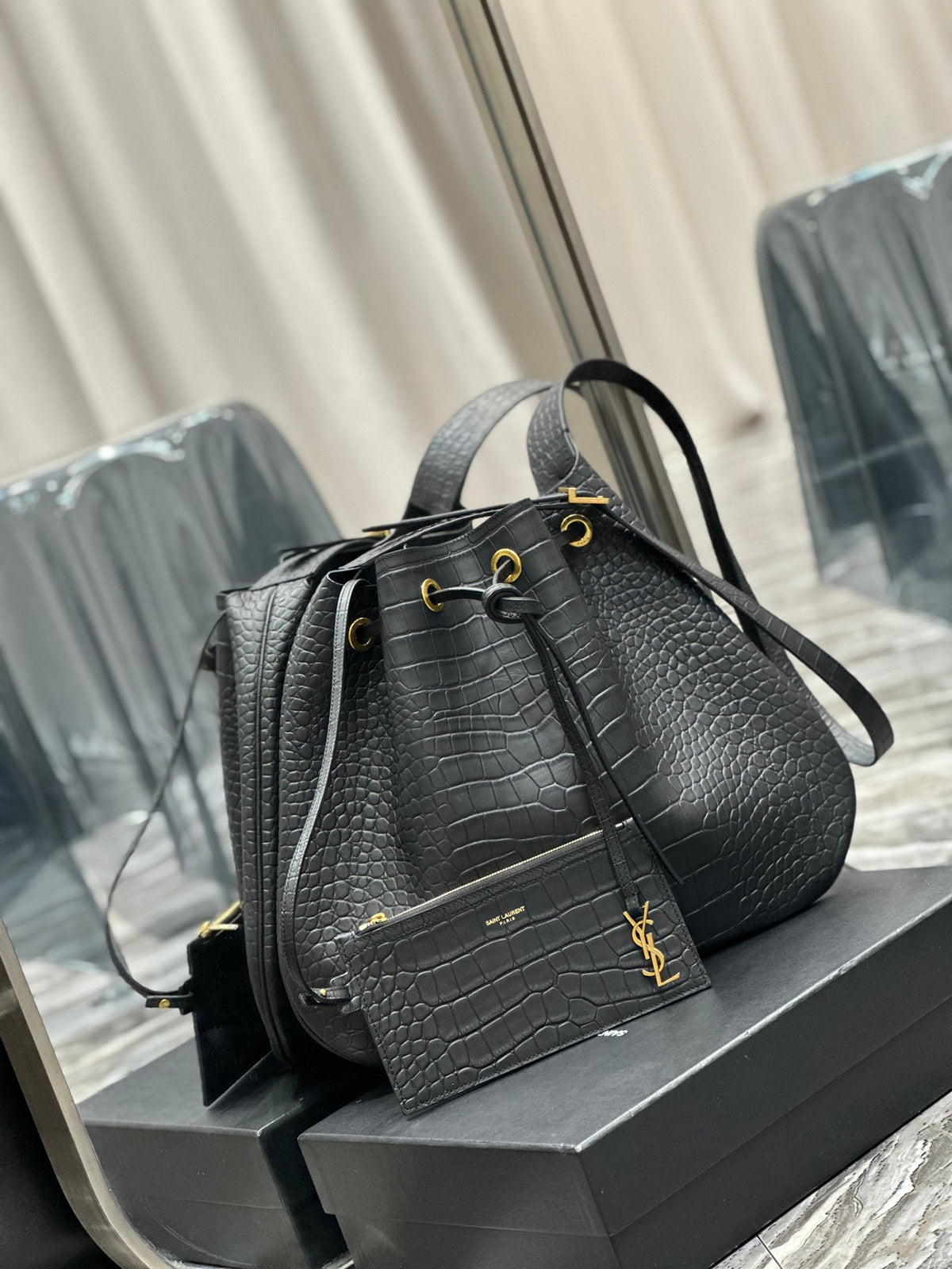 Saint Laurent Crocodile-Embossed Leather Bucket Bag with Pouch - Black