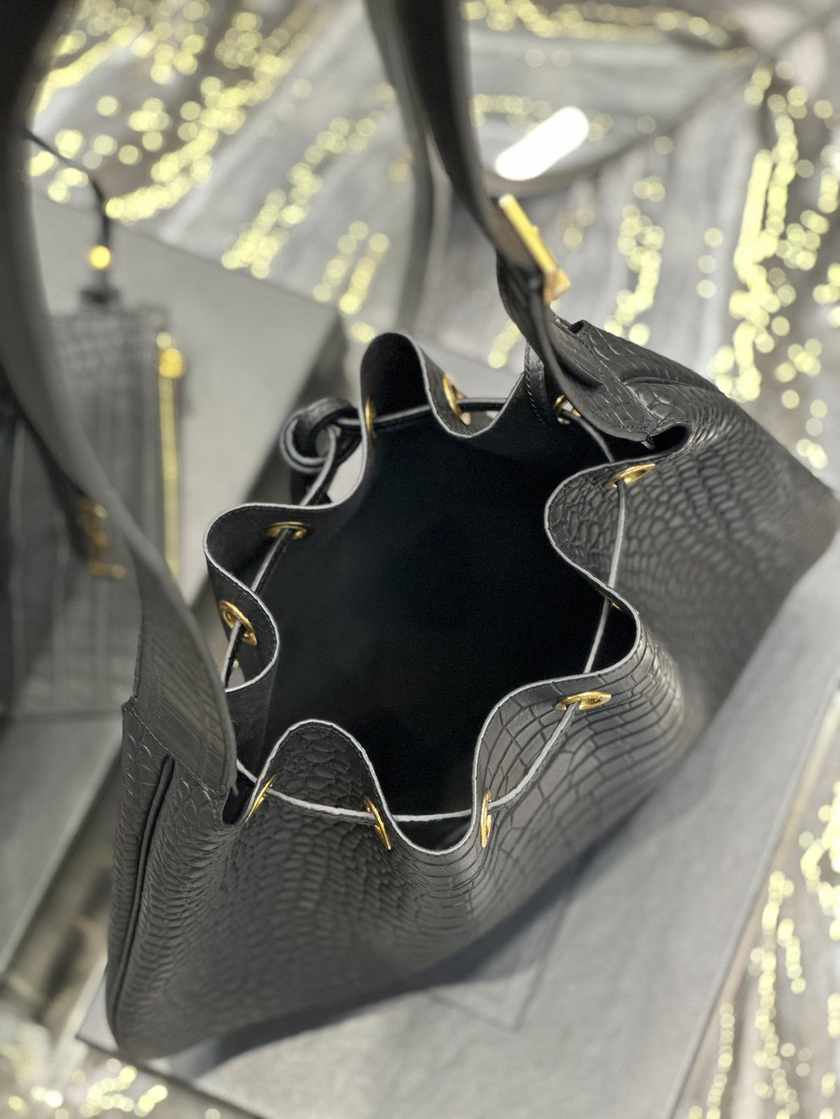 Saint Laurent Crocodile-Embossed Leather Bucket Bag with Pouch - Black