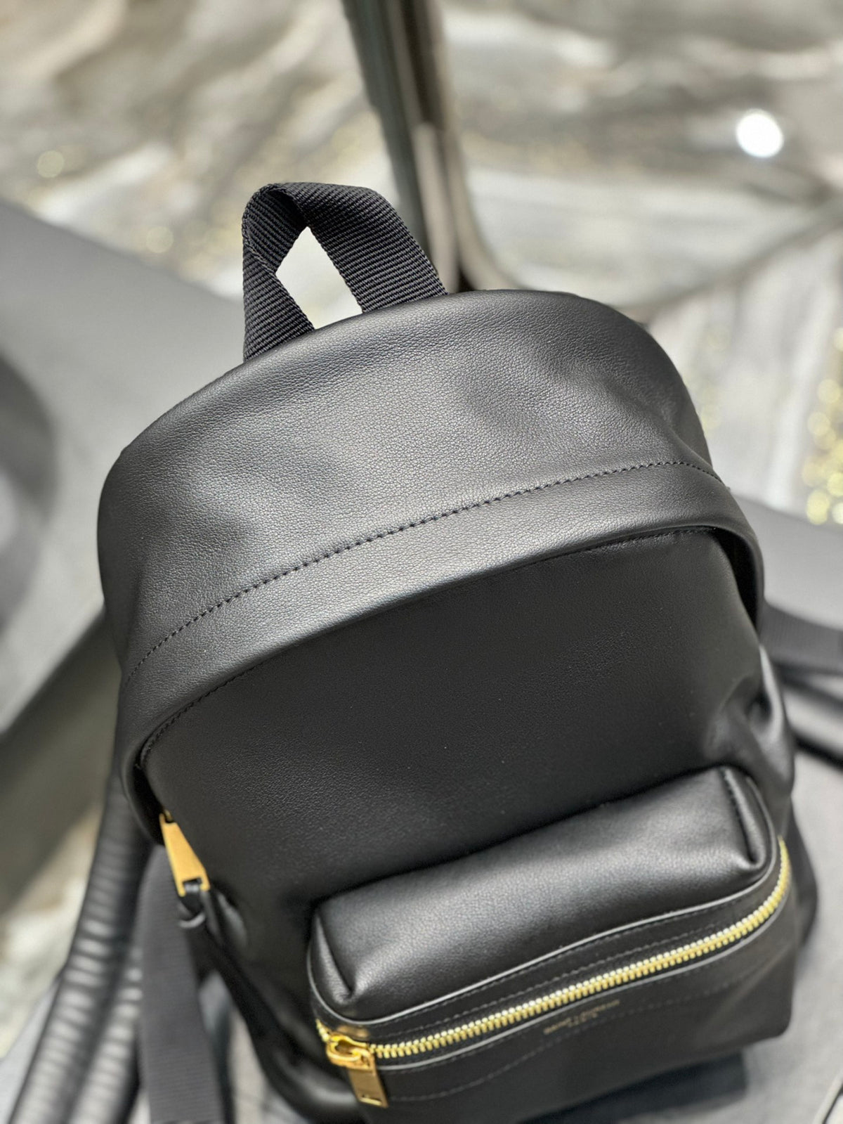 Saint Laurent Black Leather City Backpack - Small Designer Rucksack with Gold Zipper