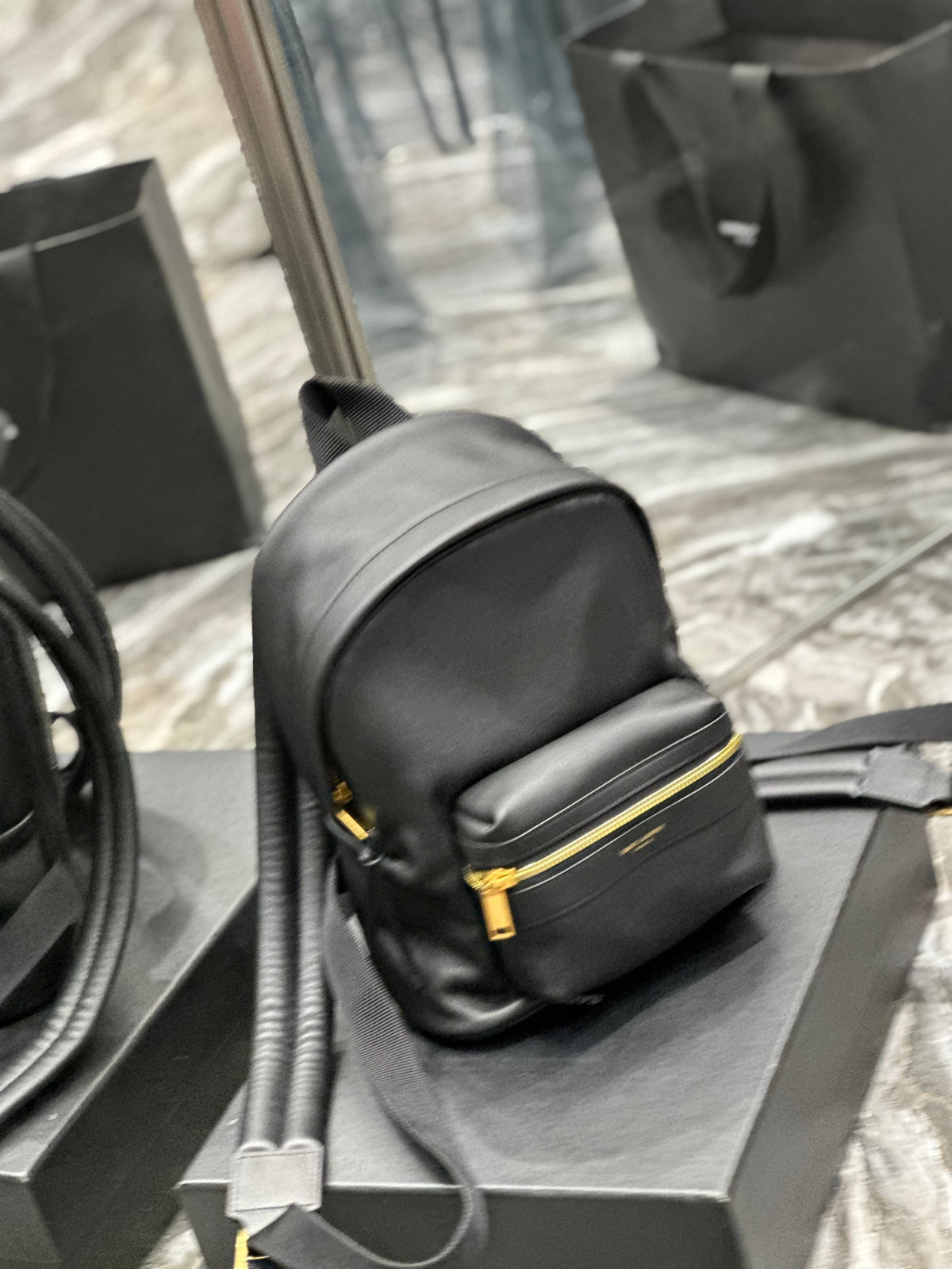 Saint Laurent Black Leather City Backpack - Small Designer Rucksack with Gold Zipper