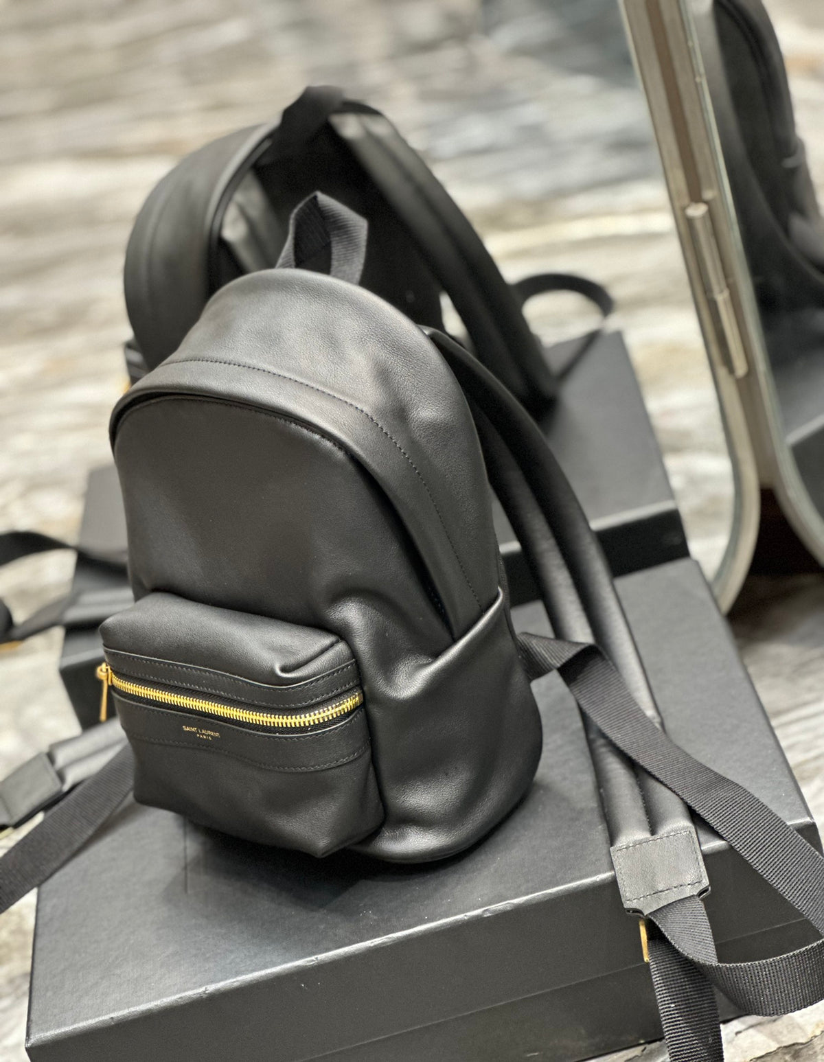 Saint Laurent Black Leather City Backpack - Small Designer Rucksack with Gold Zipper