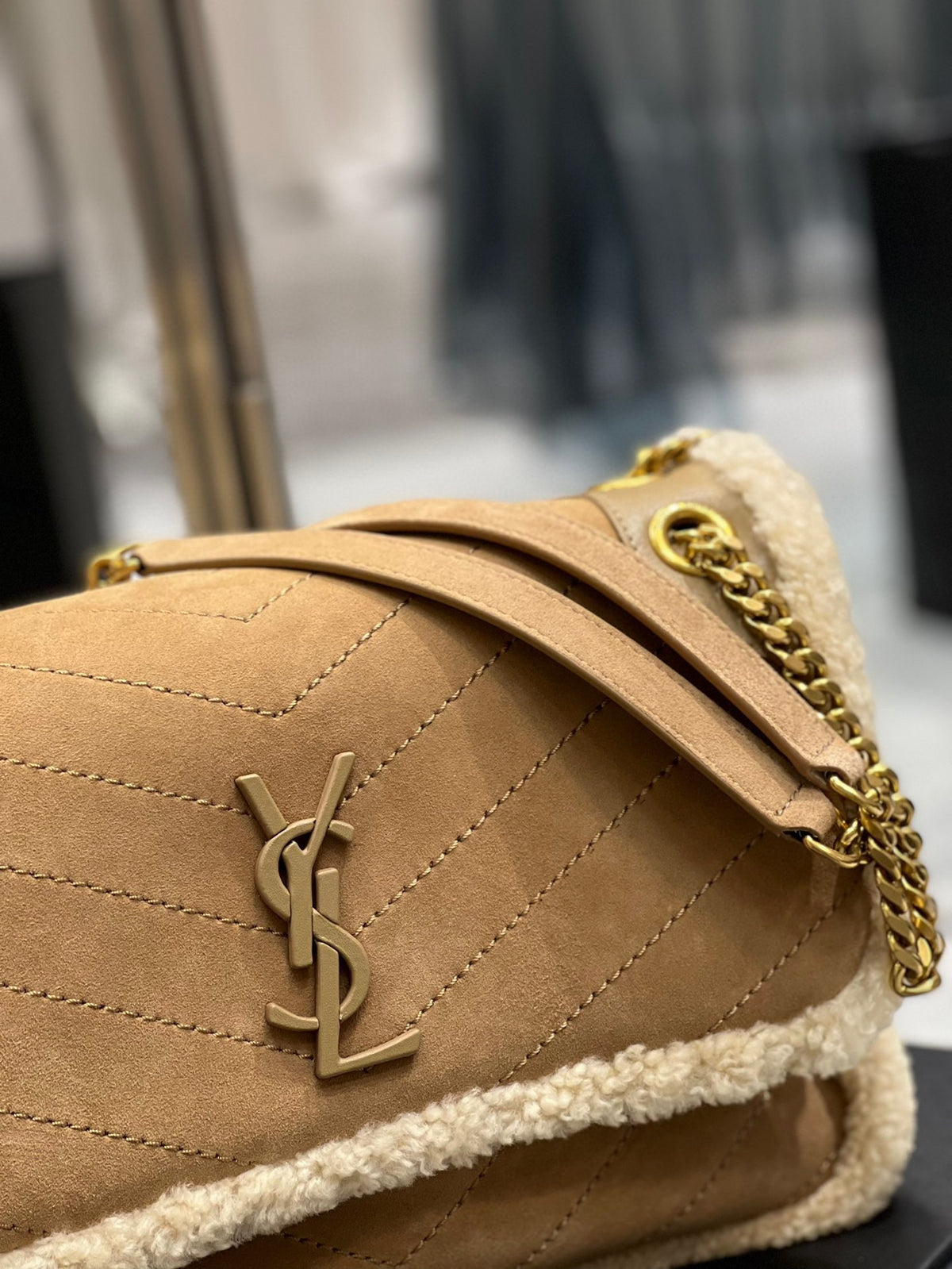 Saint Laurent Niki Medium Shoulder Bag in Suede and Shearling - Tan