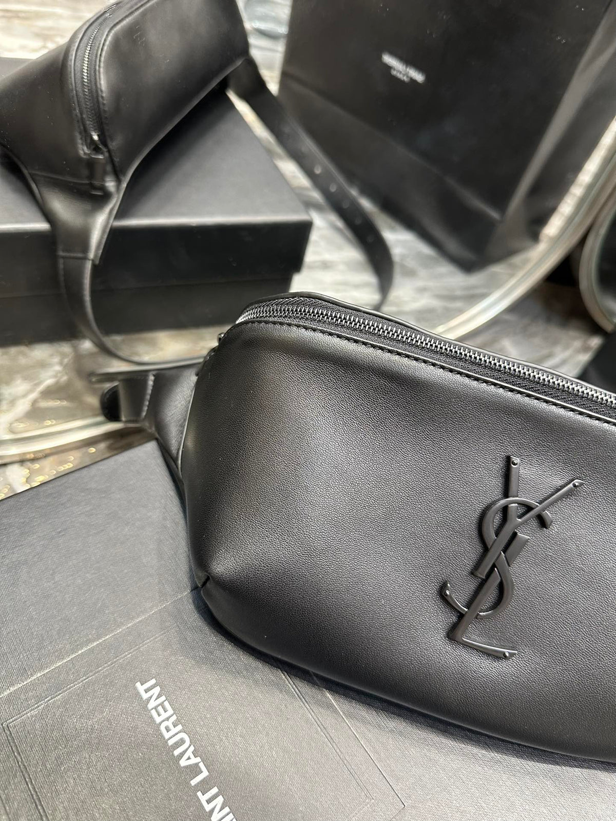 Saint Laurent Monogram Leather Belt Bag - Black with Matte Black Hardware
