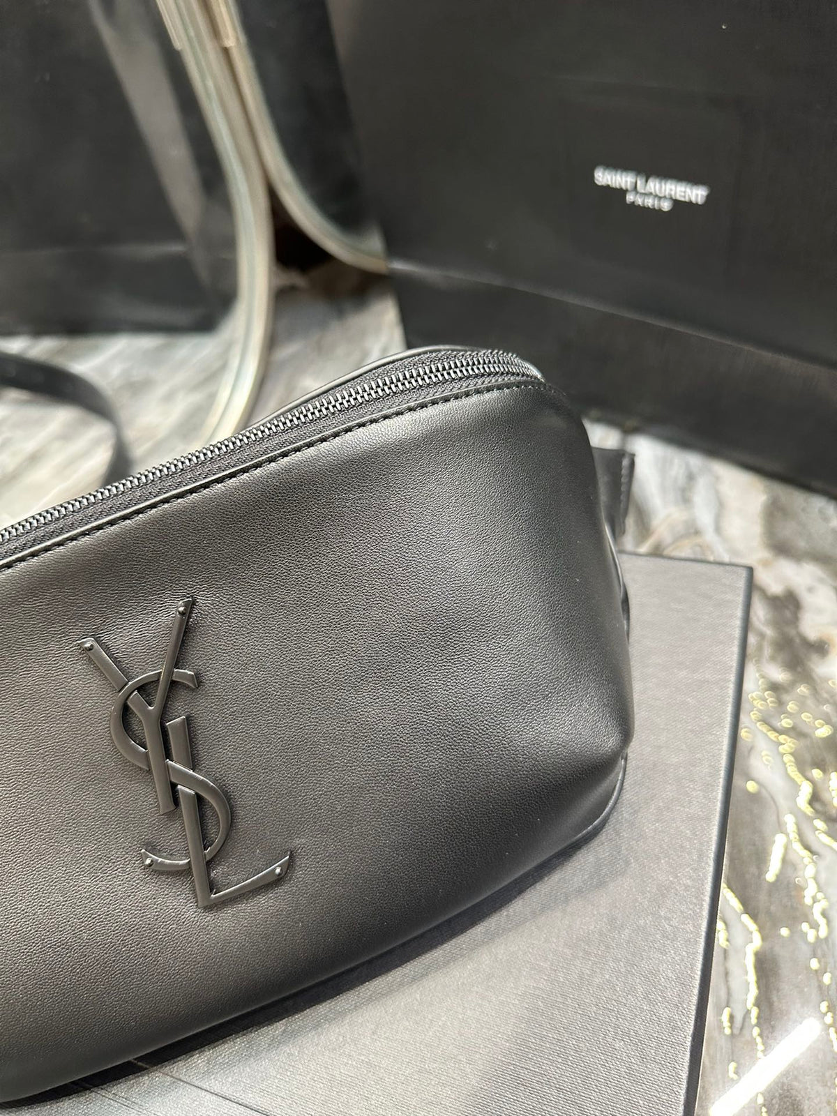 Saint Laurent Cassandre Belt Bag in Smooth Black Leather