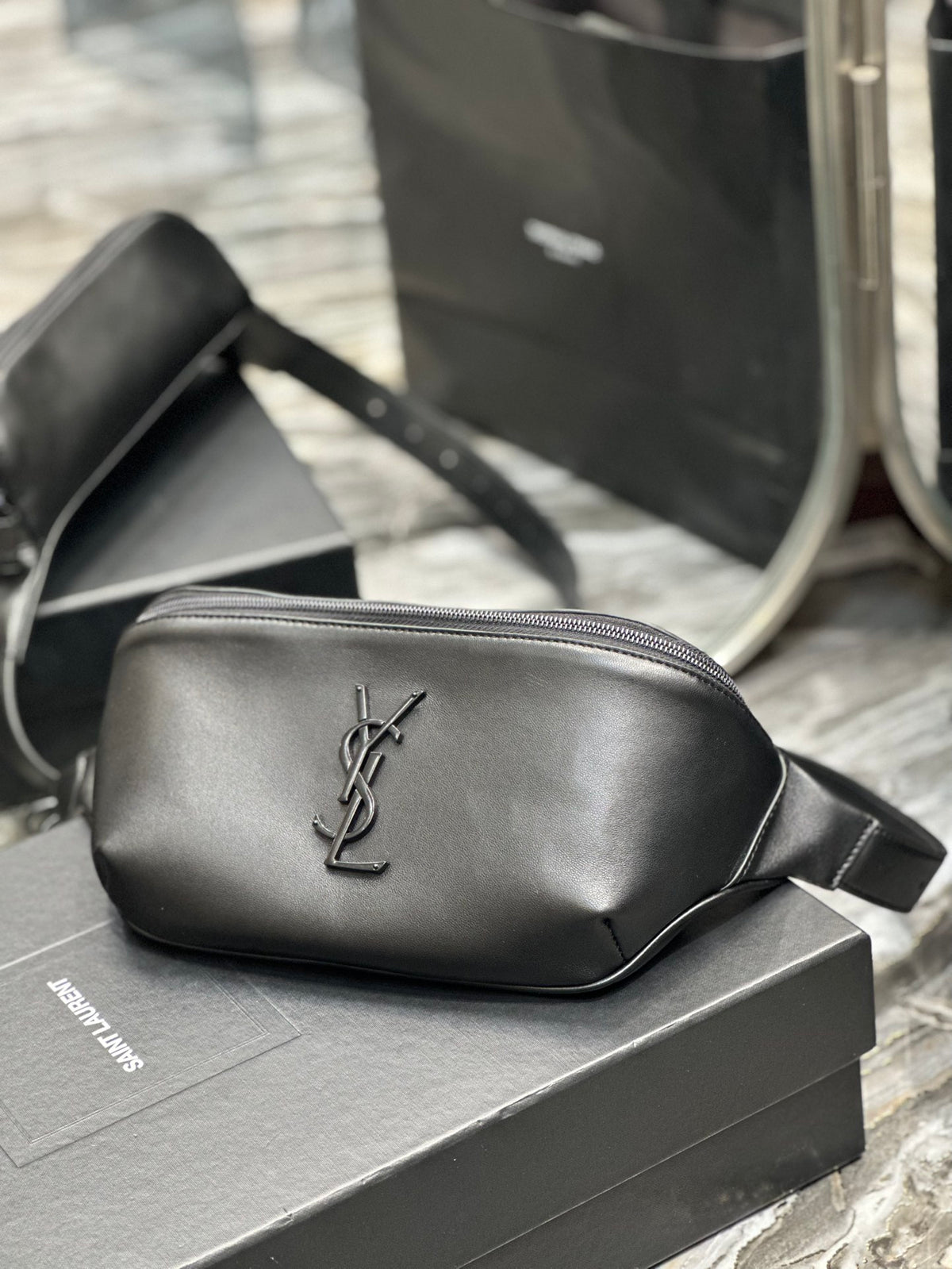 Saint Laurent Cassandre Belt Bag in Smooth Black Leather