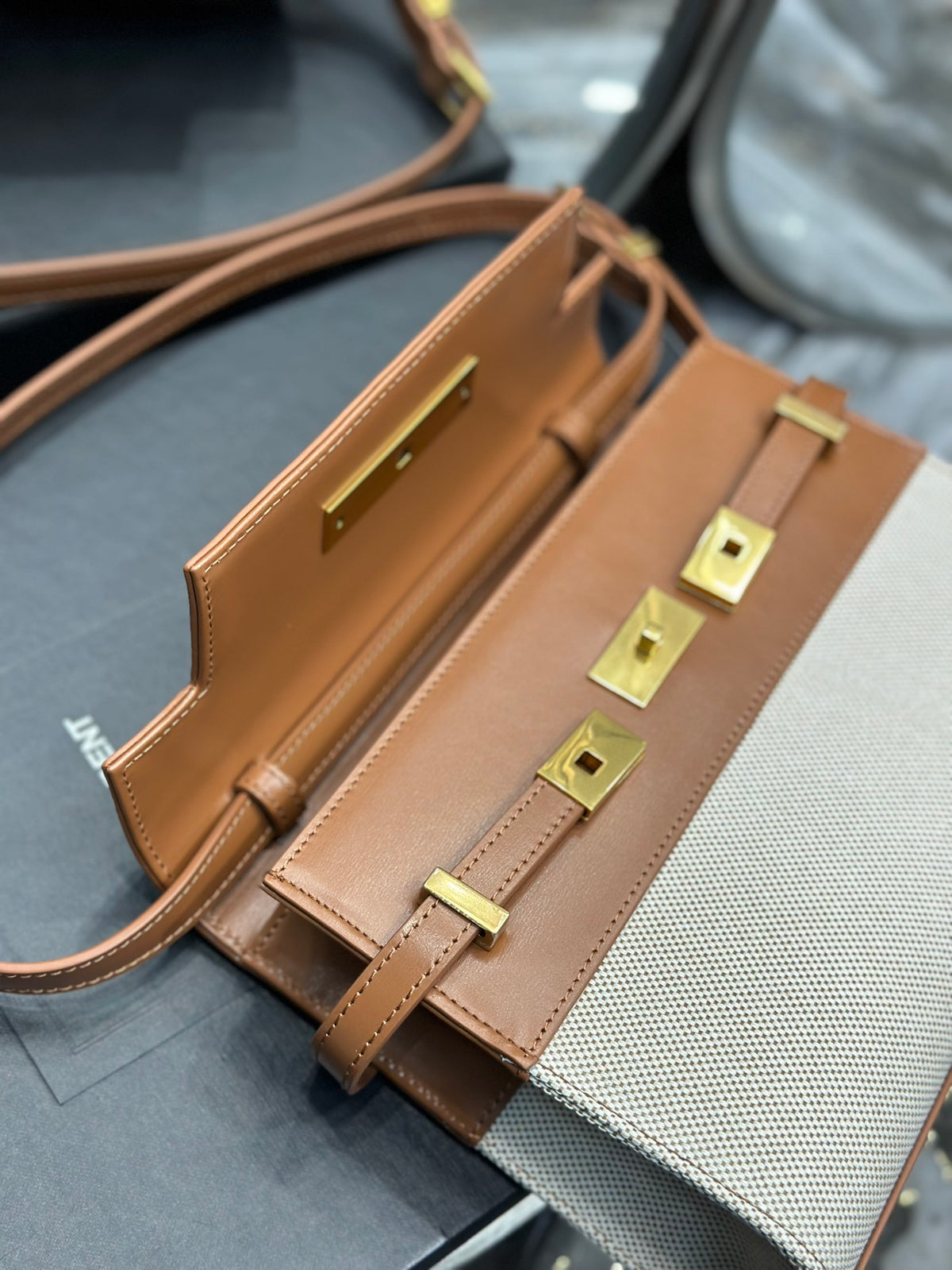 Saint Laurent Manhattan Small Shoulder Bag in Two-Tone Brown and Cream Leather