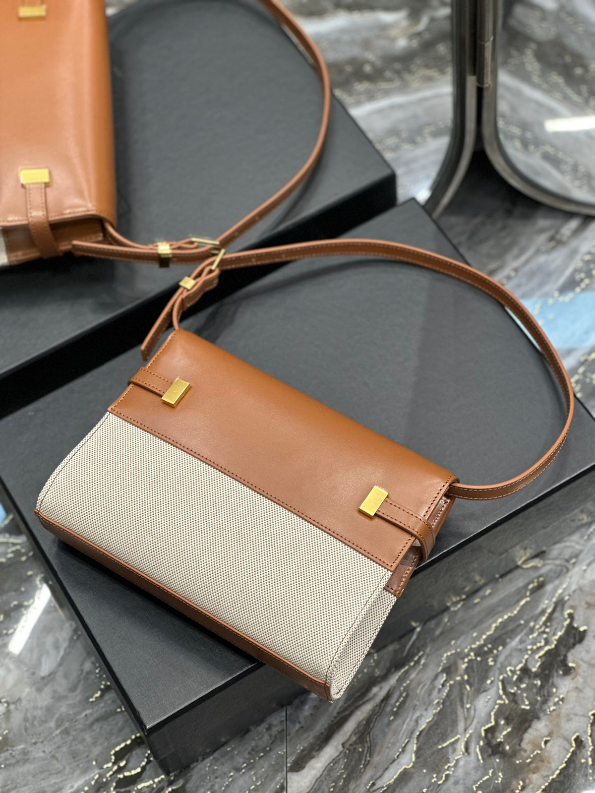 Saint Laurent Manhattan Small Shoulder Bag in Two-Tone Brown and Cream Leather