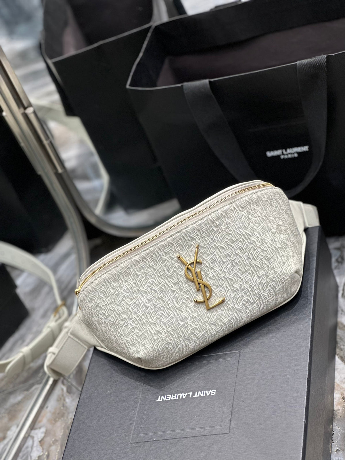 Saint Laurent Cassandre Belt Bag in Cream Leather with Gold Hardware