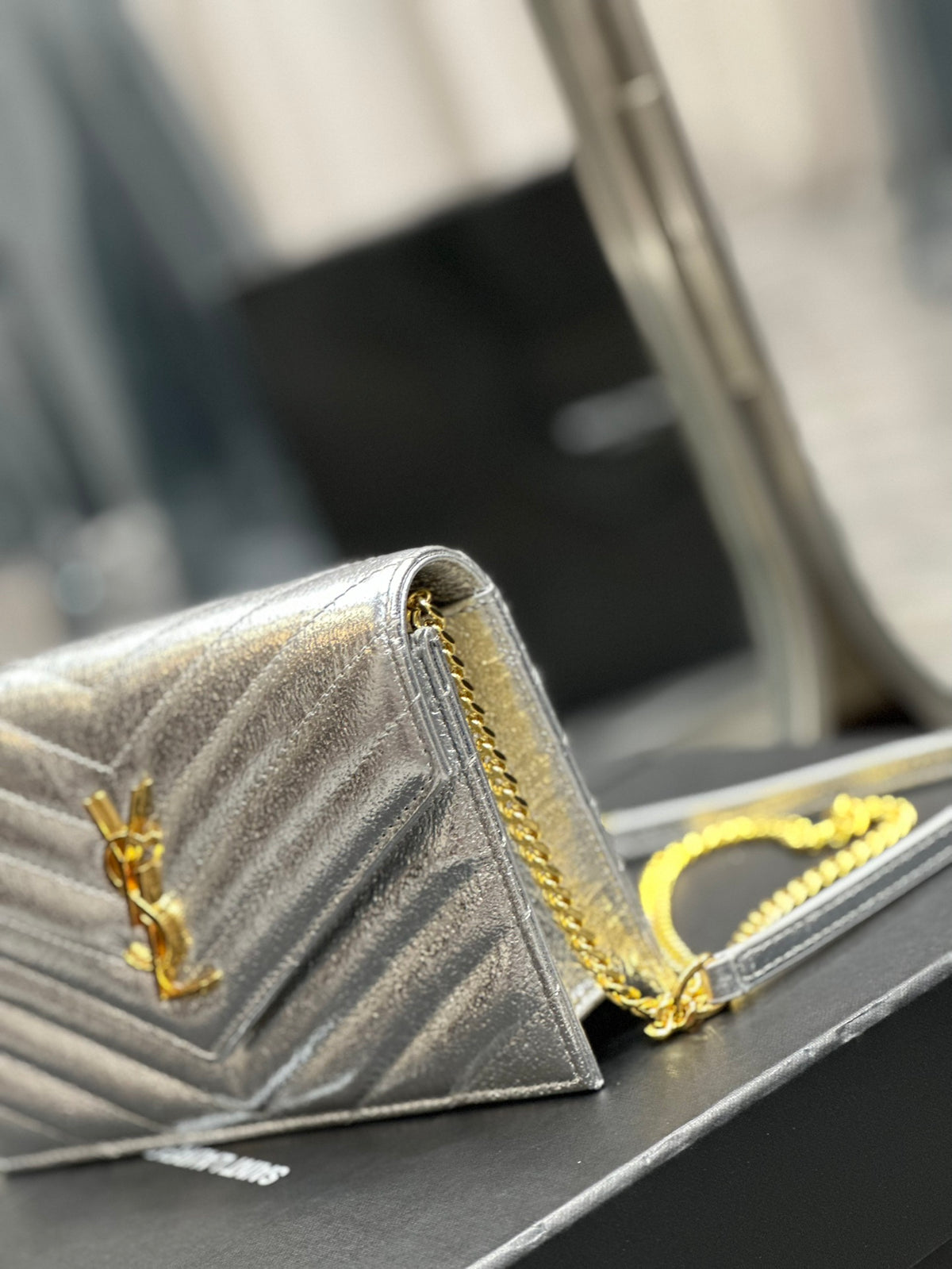 Saint Laurent Monogram Silver Quilted Leather Wallet on Chain with Gold Hardware