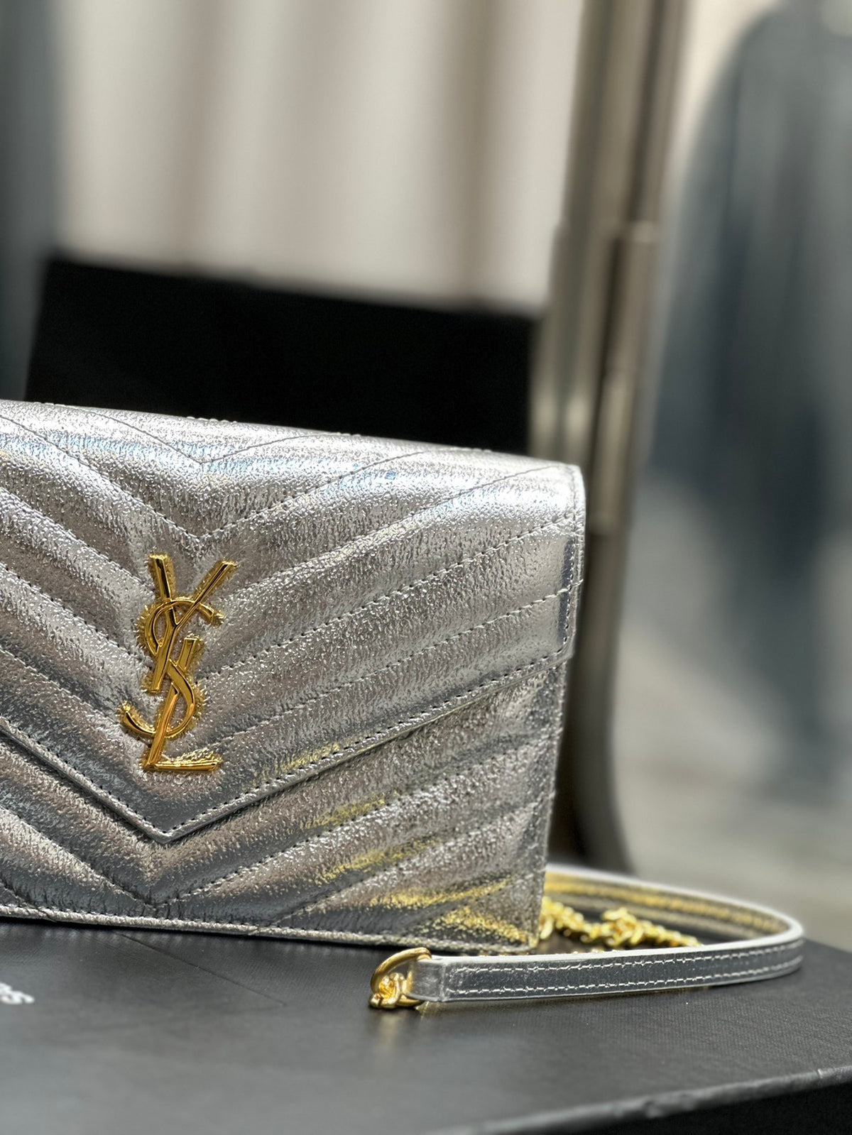 Saint Laurent Monogram Silver Quilted Leather Wallet on Chain with Gold Hardware