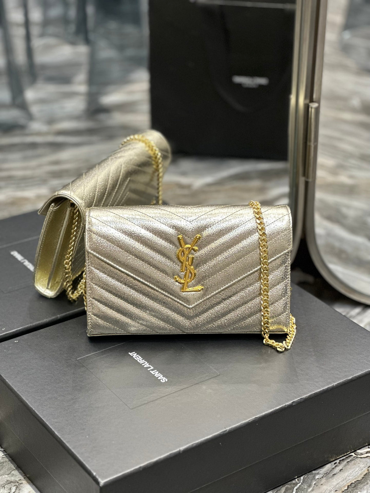 Saint Laurent Cassandre Matelassé Chain Wallet in Gold Leather