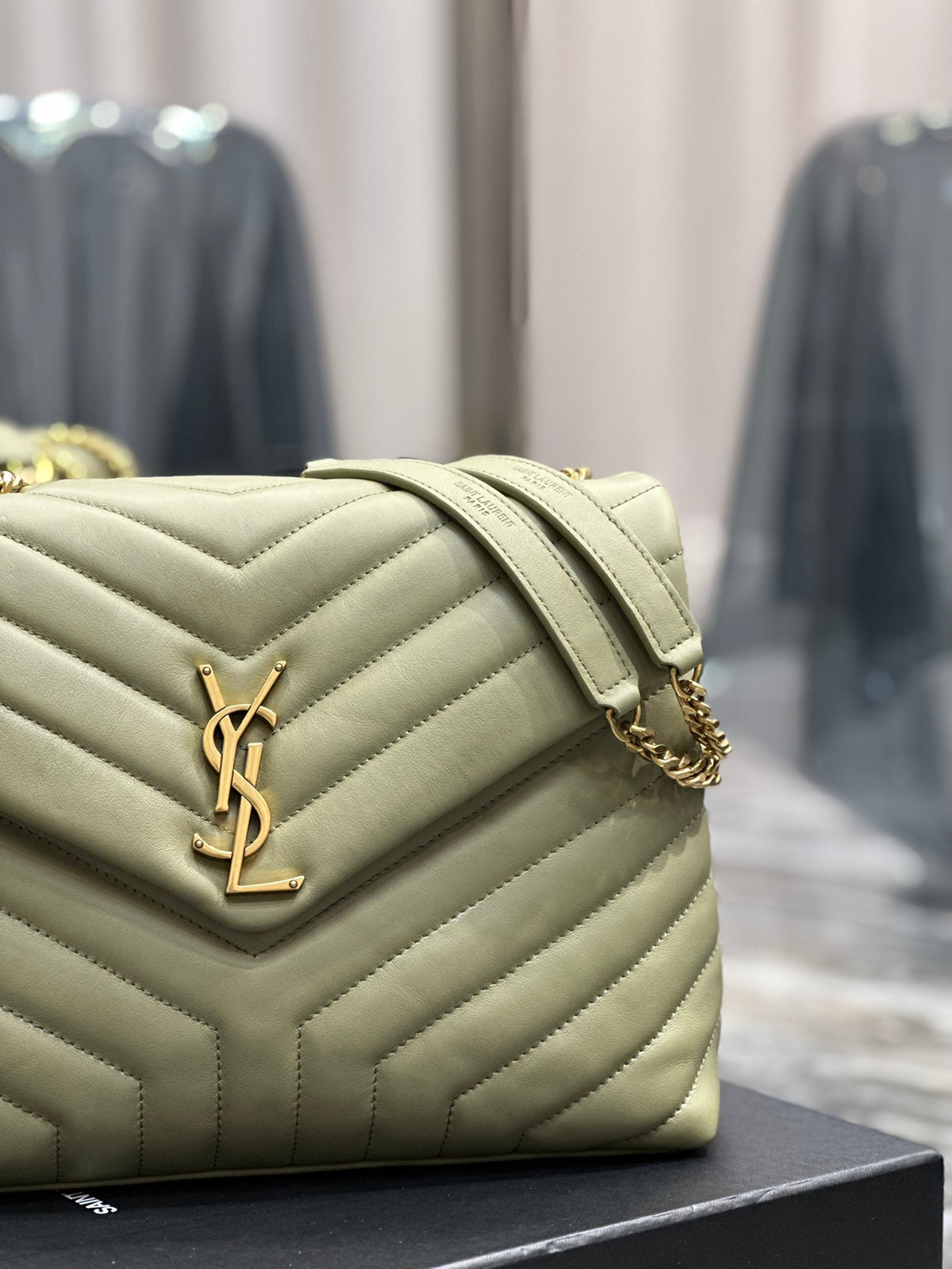 Saint Laurent Medium College Bag in Sage Green Chevron Quilted Leather