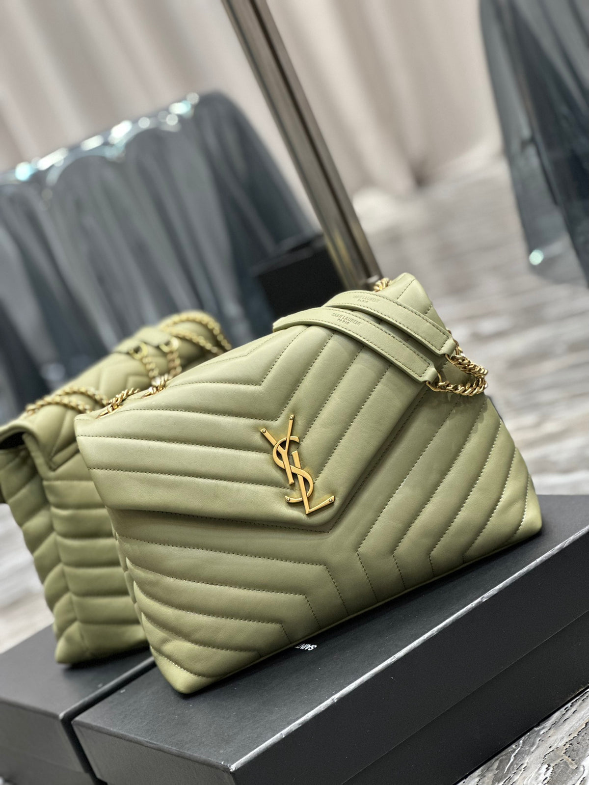 Saint Laurent Medium College Bag in Sage Green Chevron Quilted Leather