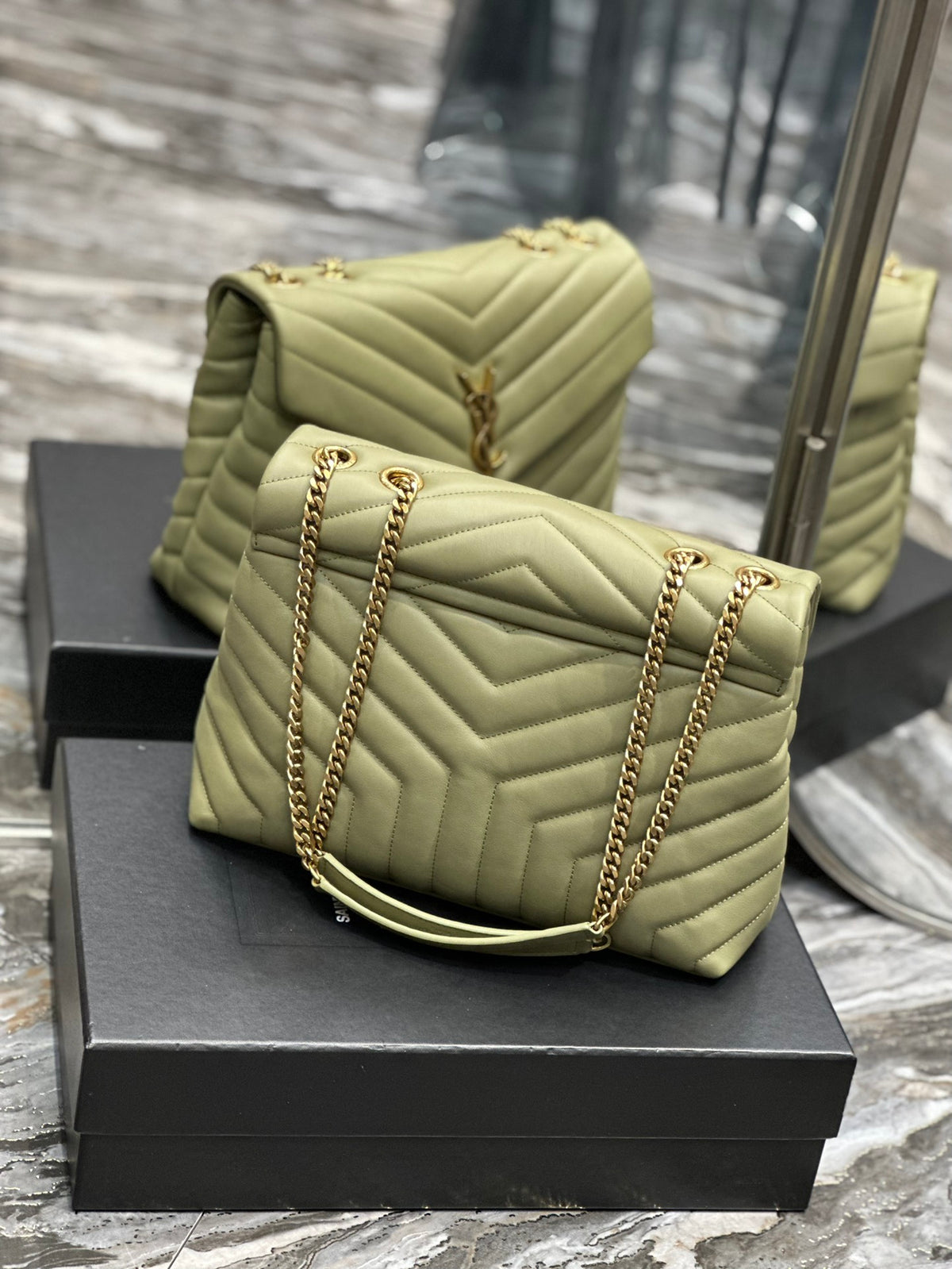 Saint Laurent Medium College Bag in Sage Green Chevron Quilted Leather