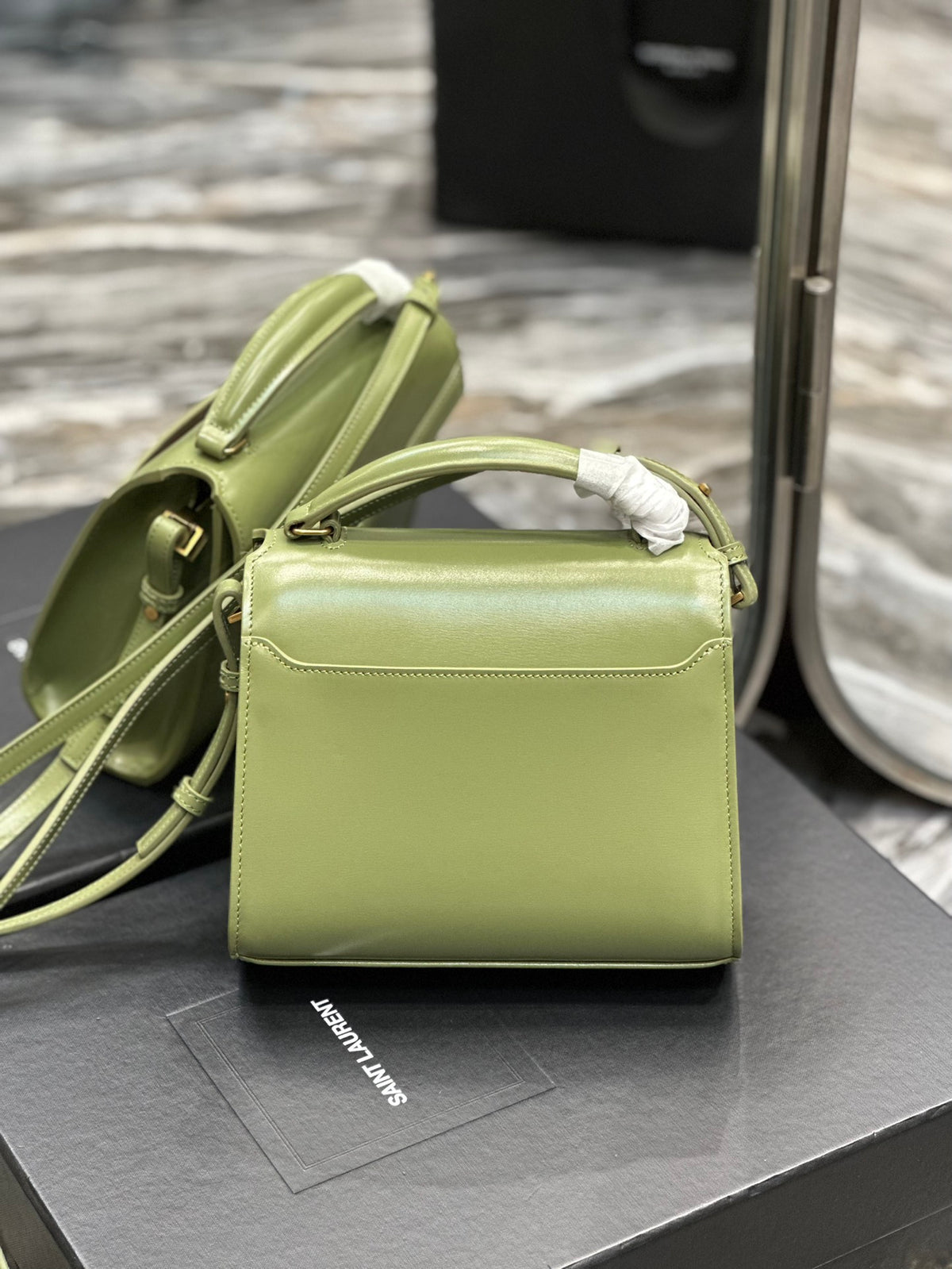Saint Laurent Cassandra Mini Top Handle Bag in Sage Green Leather