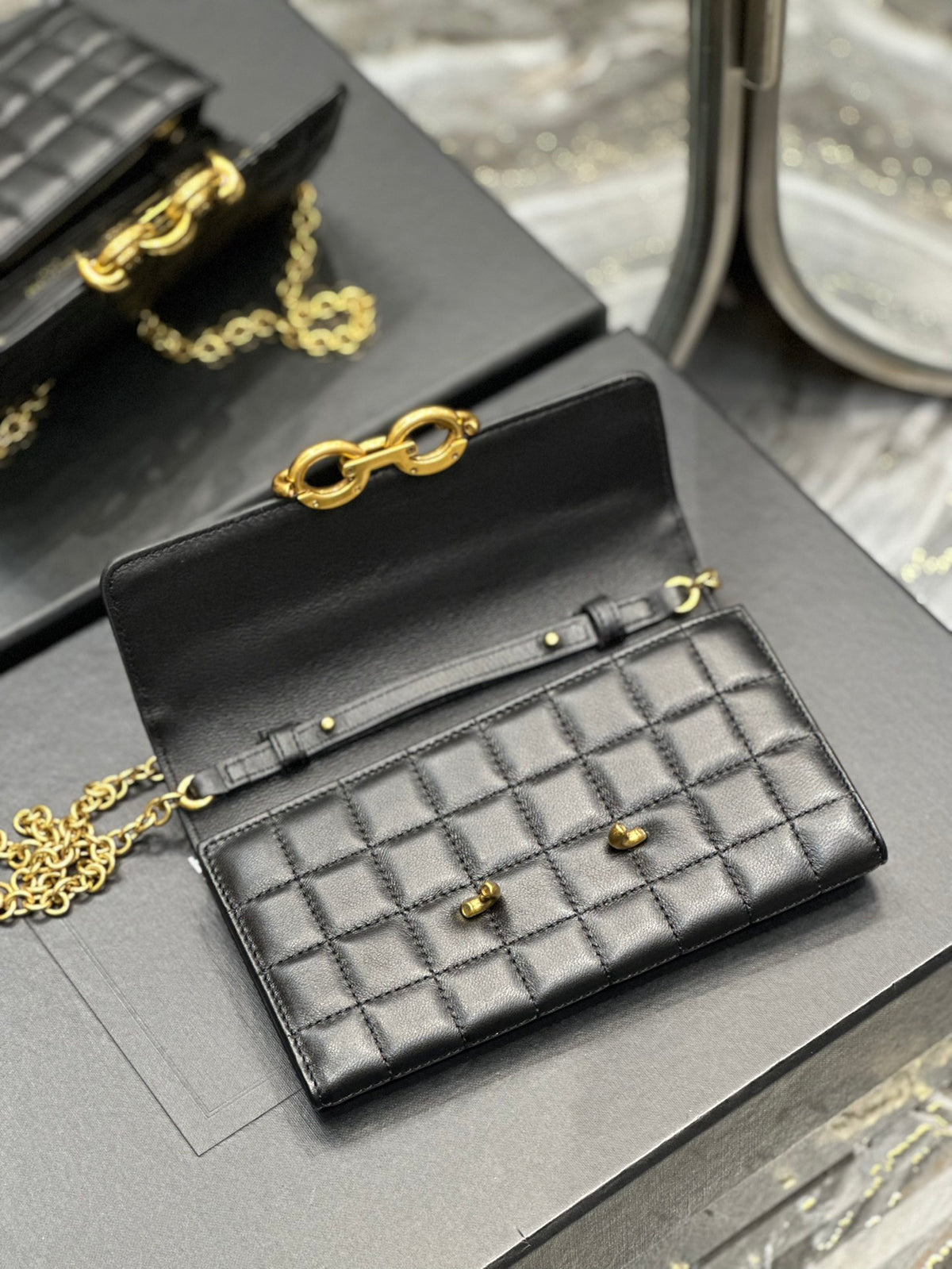 Quilted Leather Shoulder Bag with Gold Chain Strap - Black