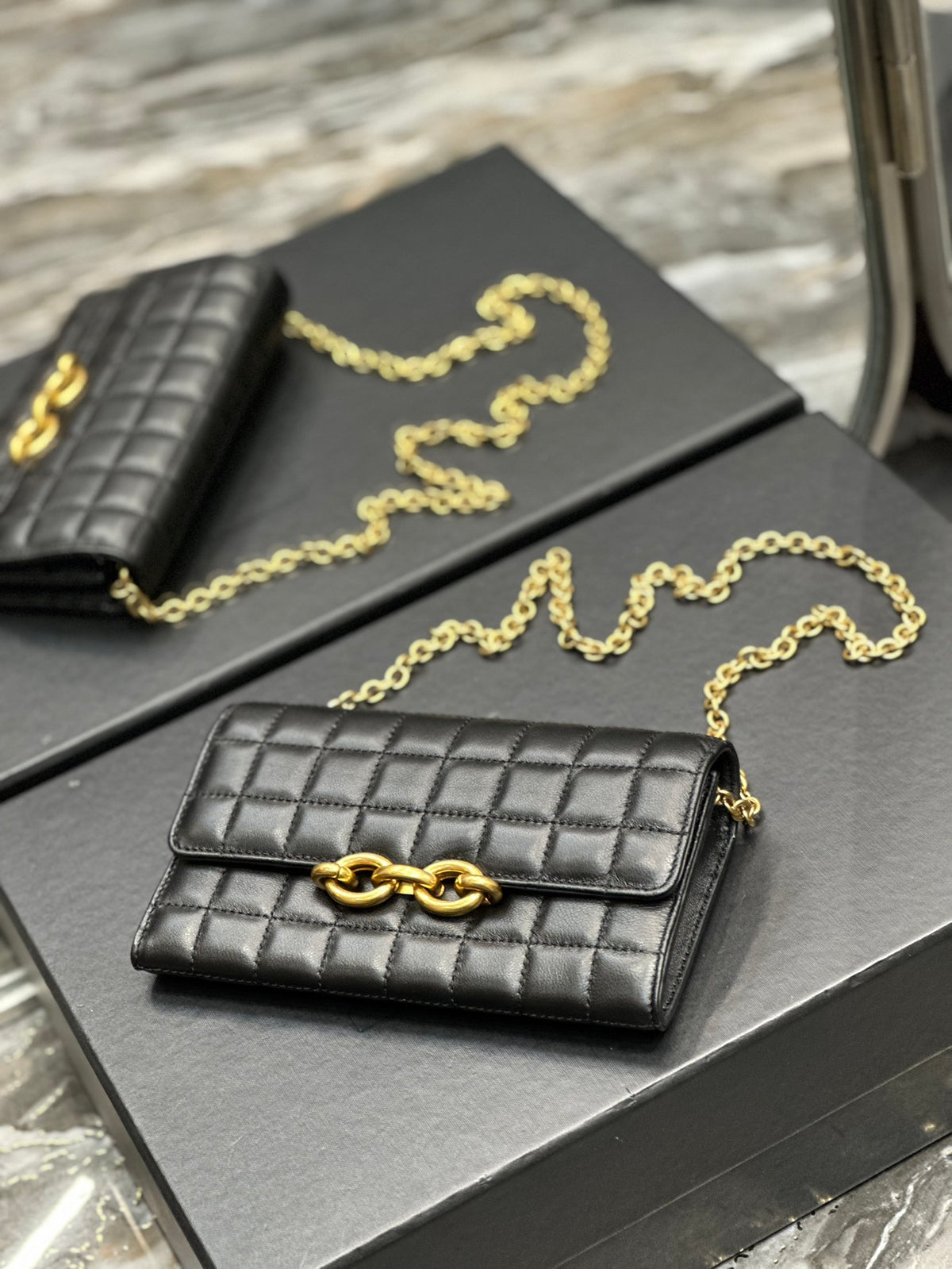 Quilted Leather Shoulder Bag with Gold Chain Strap - Black