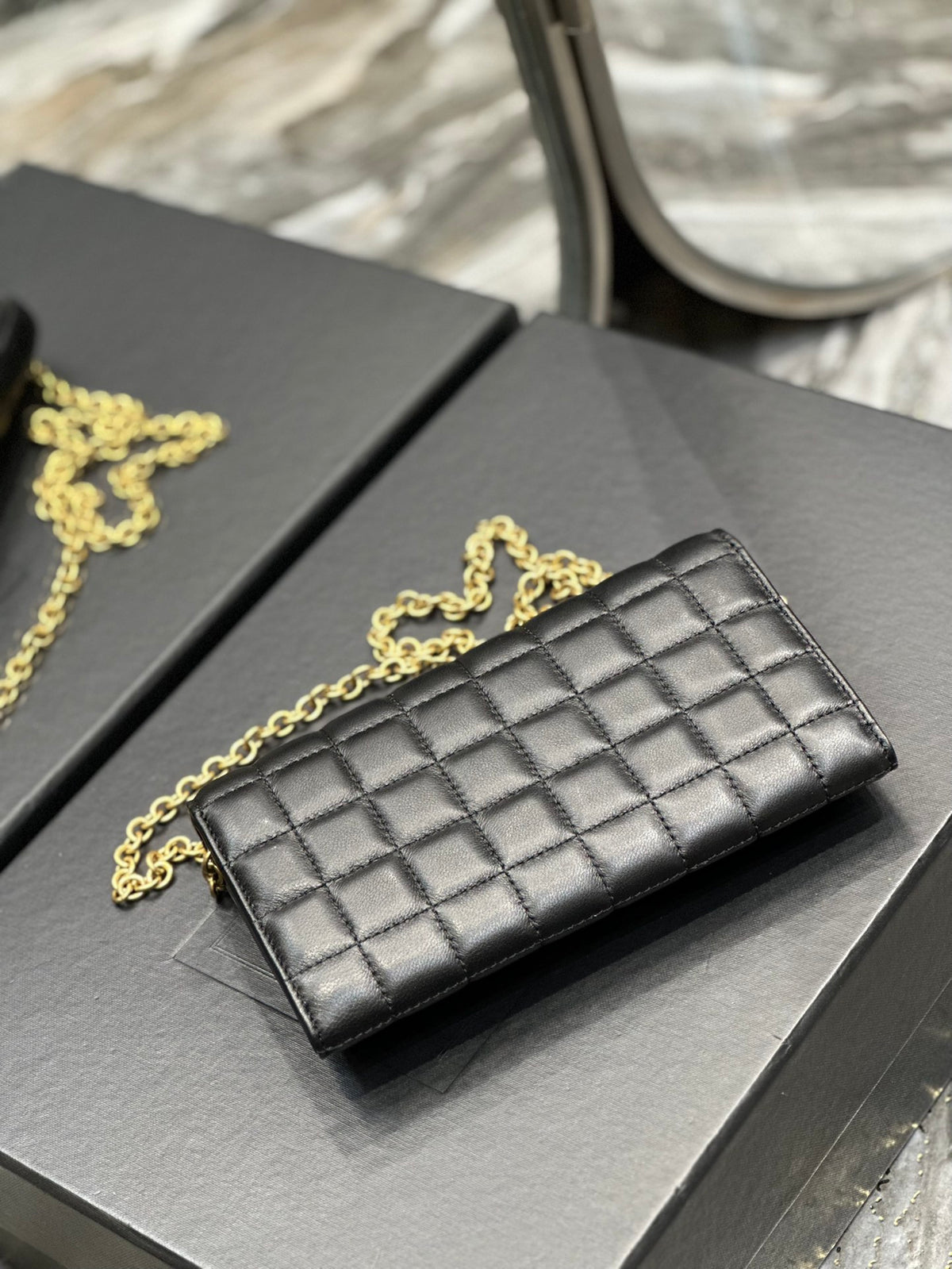 Quilted Leather Shoulder Bag with Gold Chain Strap - Black