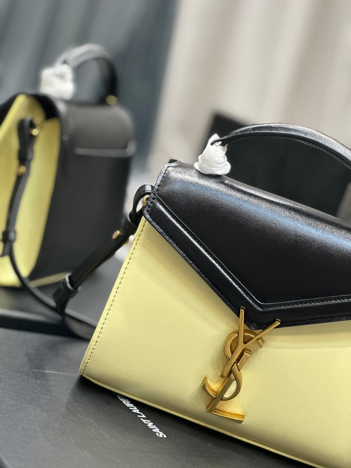 Saint Laurent Cassandra Mini Two-Tone Top Handle Bag - Black/Cream