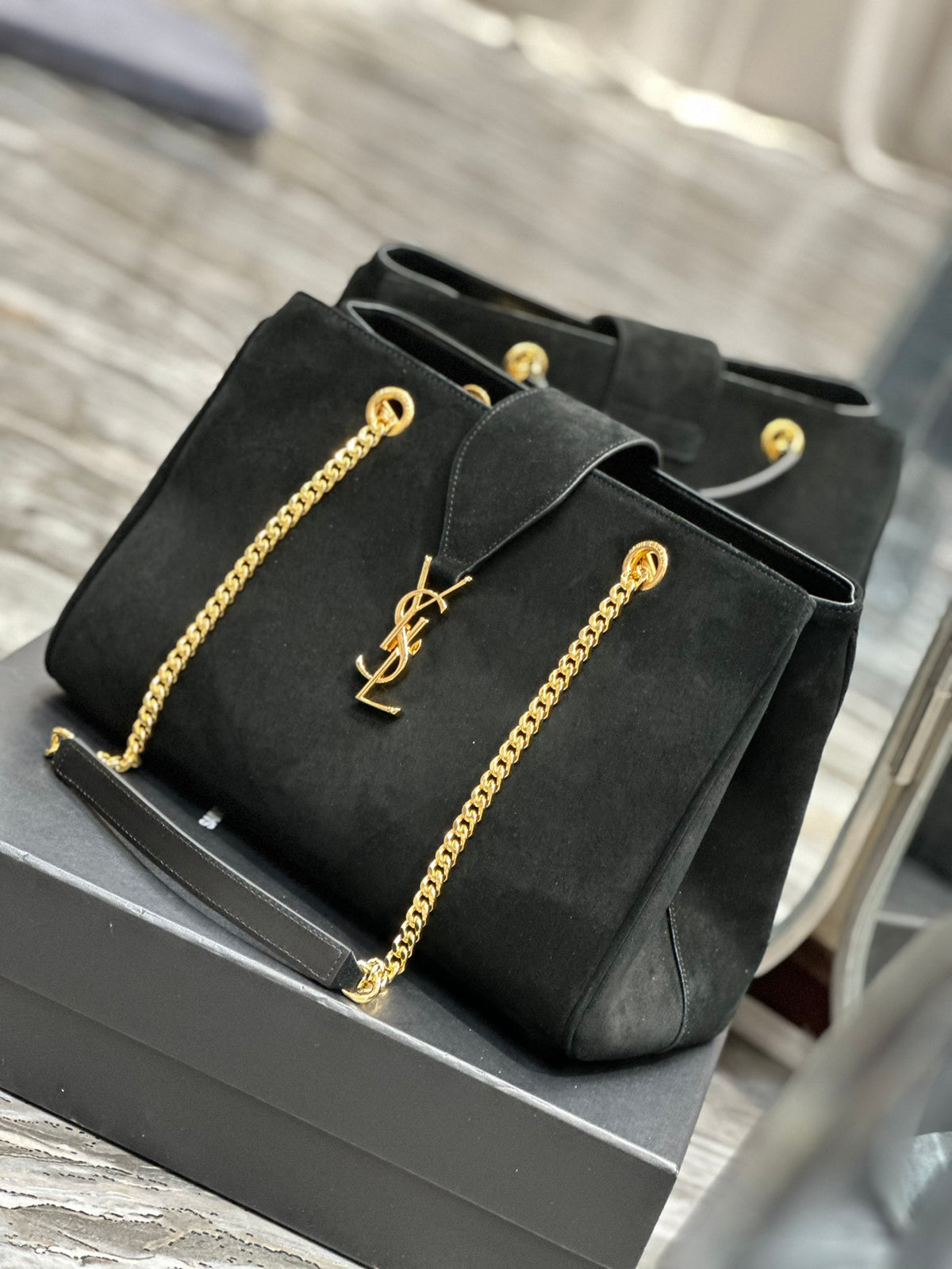 Saint Laurent YSL Monogram Black Suede Shoulder Bag with Gold Chain Hardware