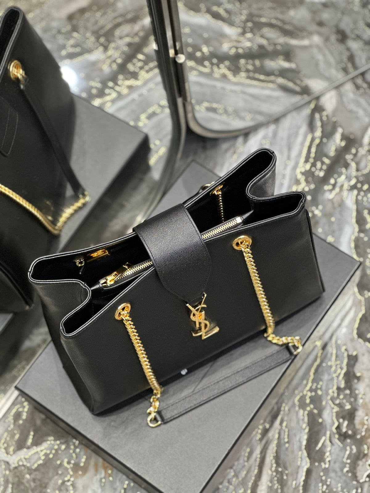Saint Laurent YSL Black Leather Chain Shoulder Bag with Gold-Tone Hardware