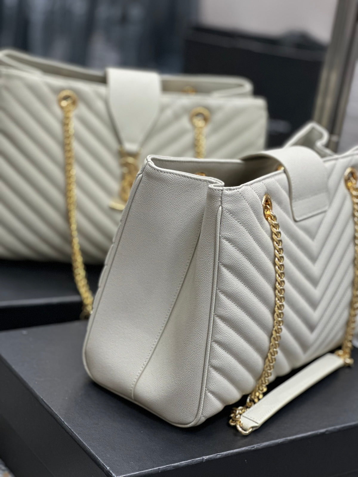 Luxury Quilted Leather Chevron Tote Bag - Cream White Shoulder Bag with Gold Chain Straps