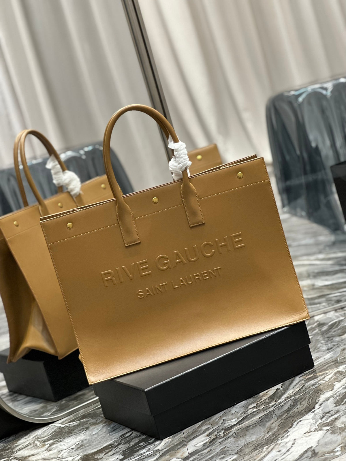 Saint Laurent Rive Gauche Embossed Leather Tote Bag - Tan