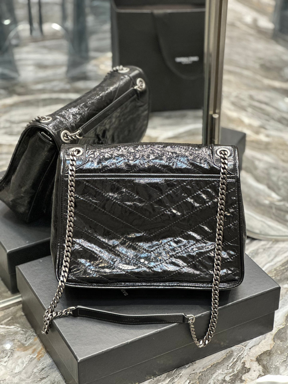 Saint Laurent Niki Medium Shoulder Bag in Black Crinkled Vintage Leather