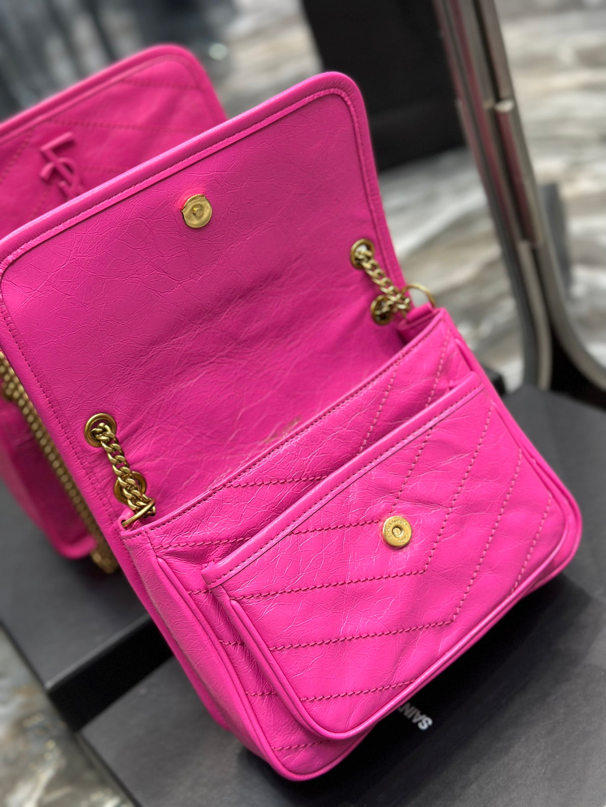 Saint Laurent Niki Medium Chain Bag in Fuchsia Pink Crinkled Vintage Leather