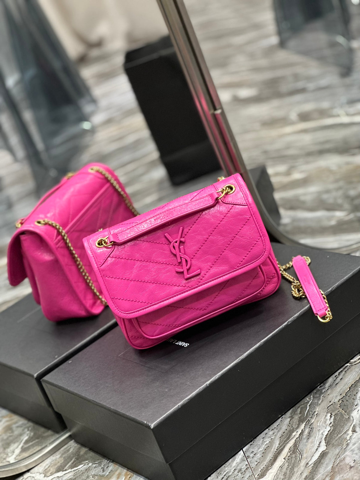 Saint Laurent Niki Medium Chain Bag in Fuchsia Pink Crinkled Vintage Leather