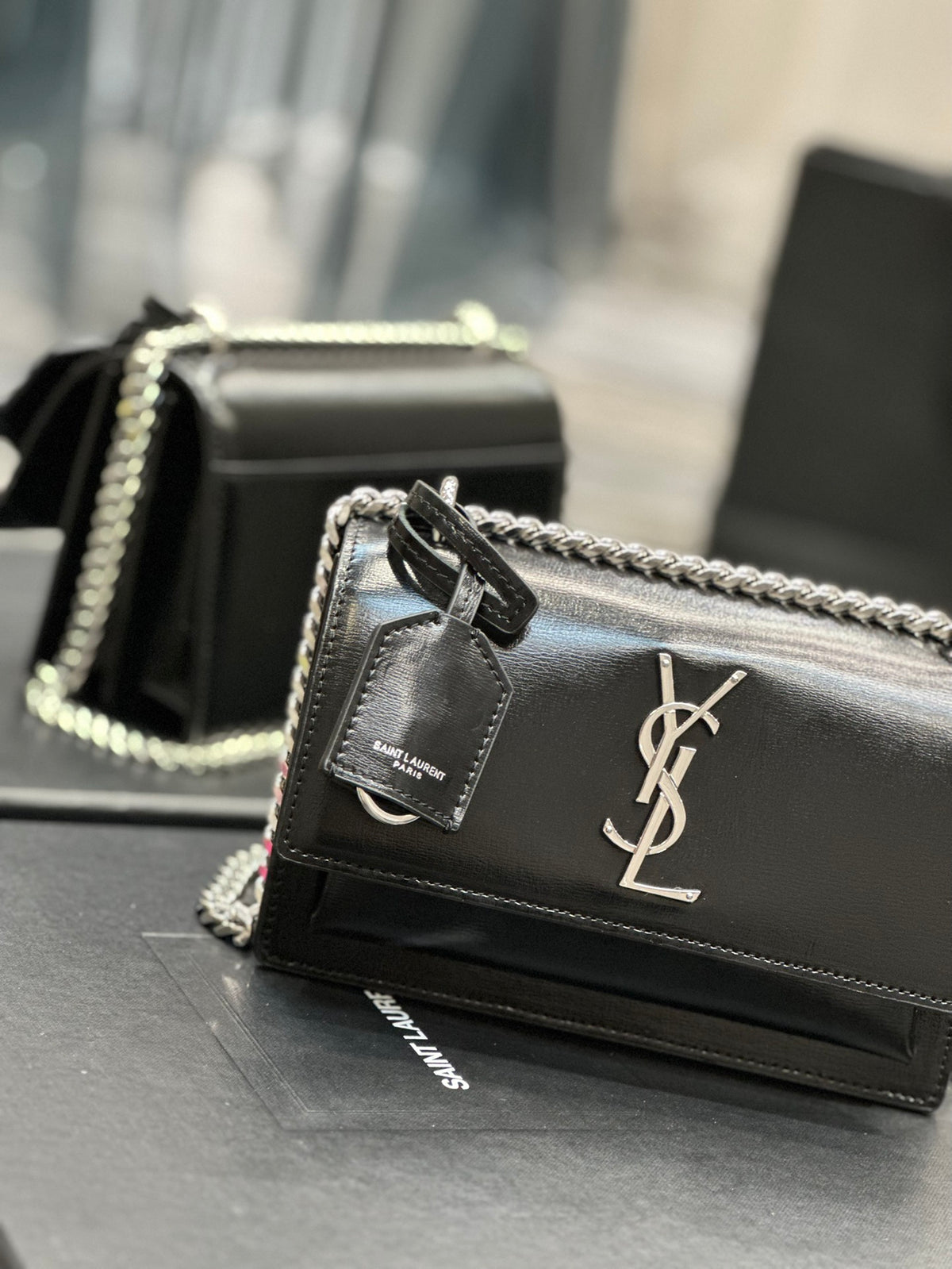 Saint Laurent Sunset Medium Chain Bag in Black Shiny Leather with Silver Hardware