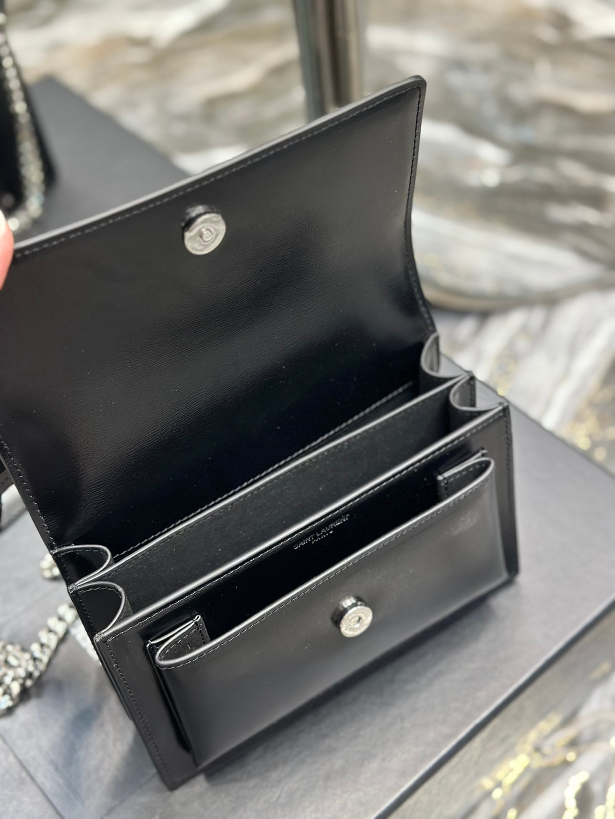 Saint Laurent Sunset Medium Chain Bag in Black Shiny Leather with Silver Hardware