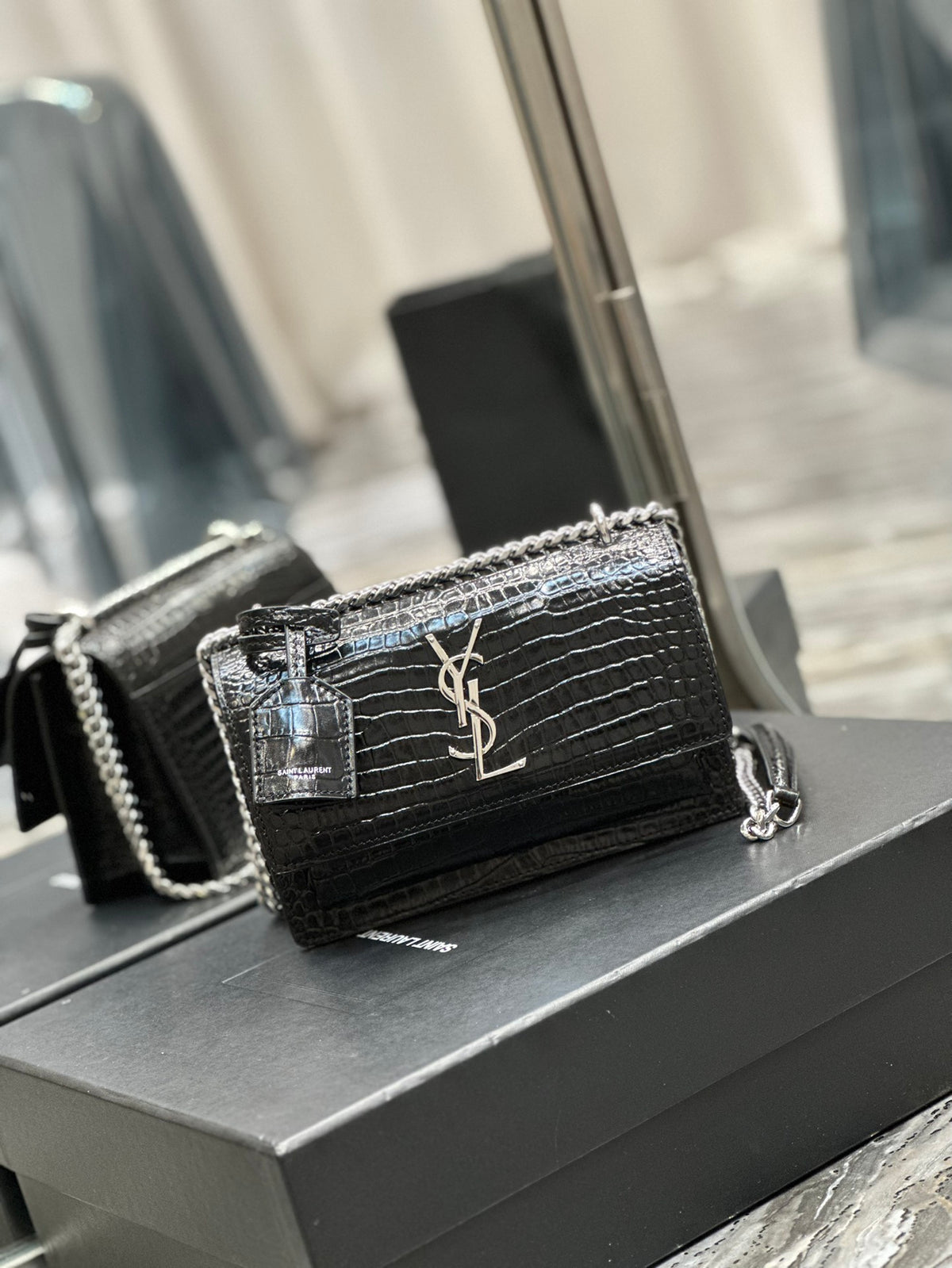 Saint Laurent Sunset Medium Chain Bag in Shiny Crocodile-Embossed Leather - Black