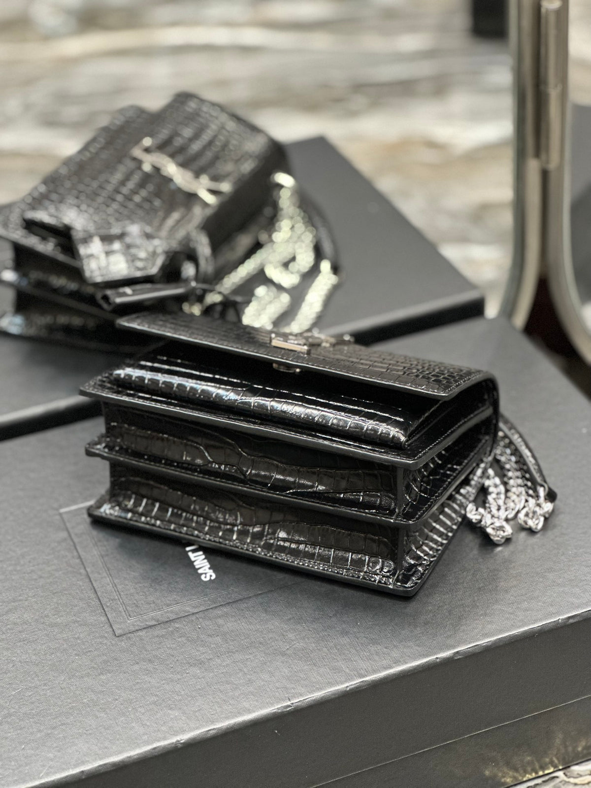 Saint Laurent Sunset Medium Chain Bag in Shiny Crocodile-Embossed Leather - Black