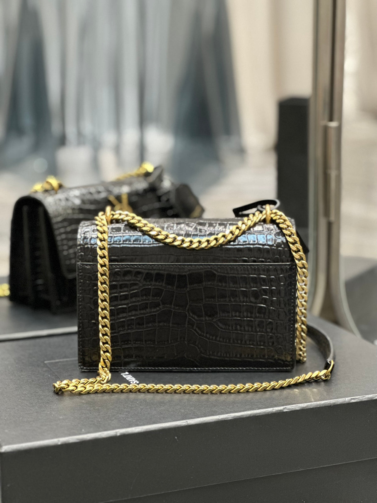 Saint Laurent Sunset Medium Shoulder Bag in Croc-Embossed Leather - Black