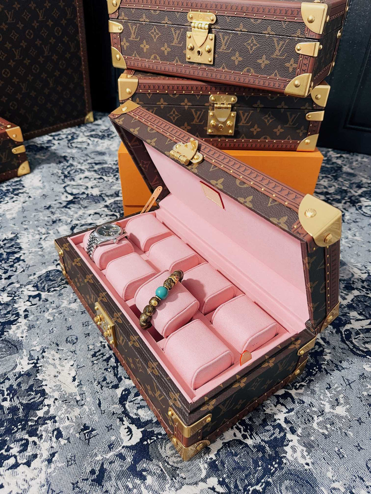 Vintage Monogram Canvas 8-Slot Watch Box Organizer with Pink Lining