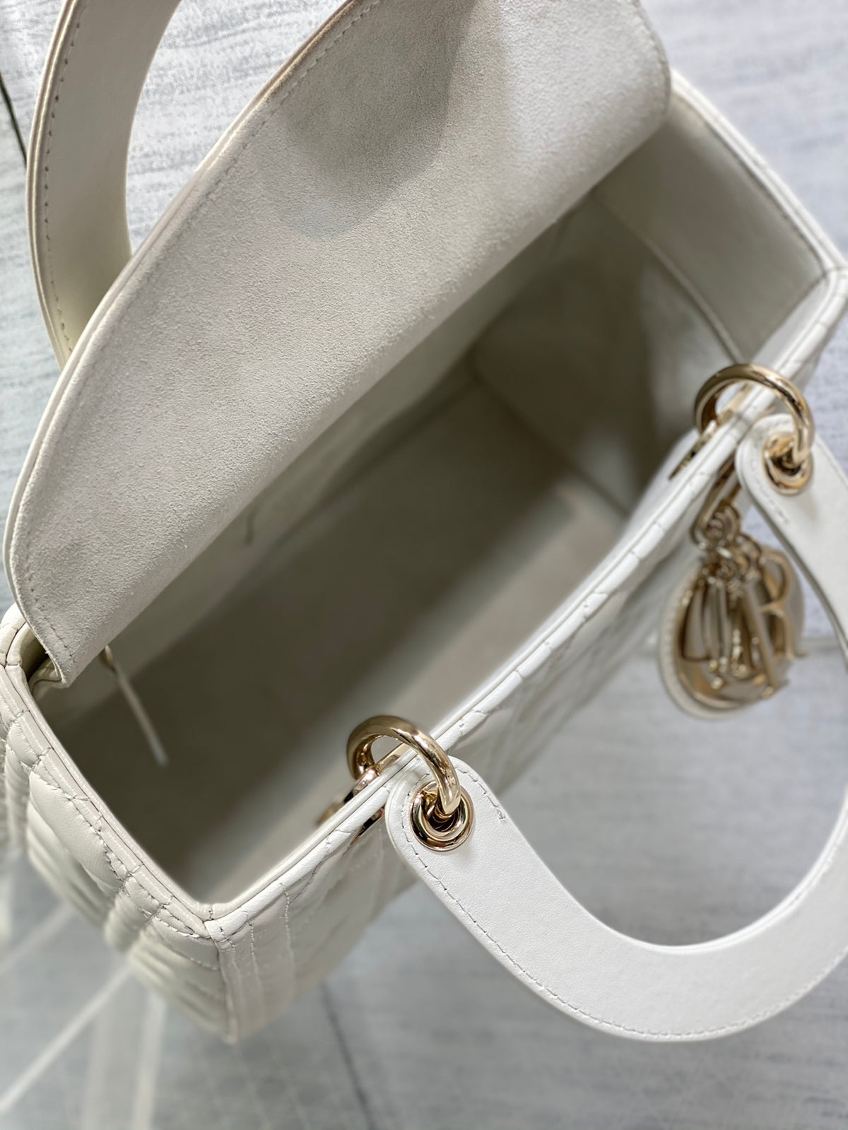 Small Lady Dior Bag - White Cannage Lambskin with Gold-Finish Metal Charms
