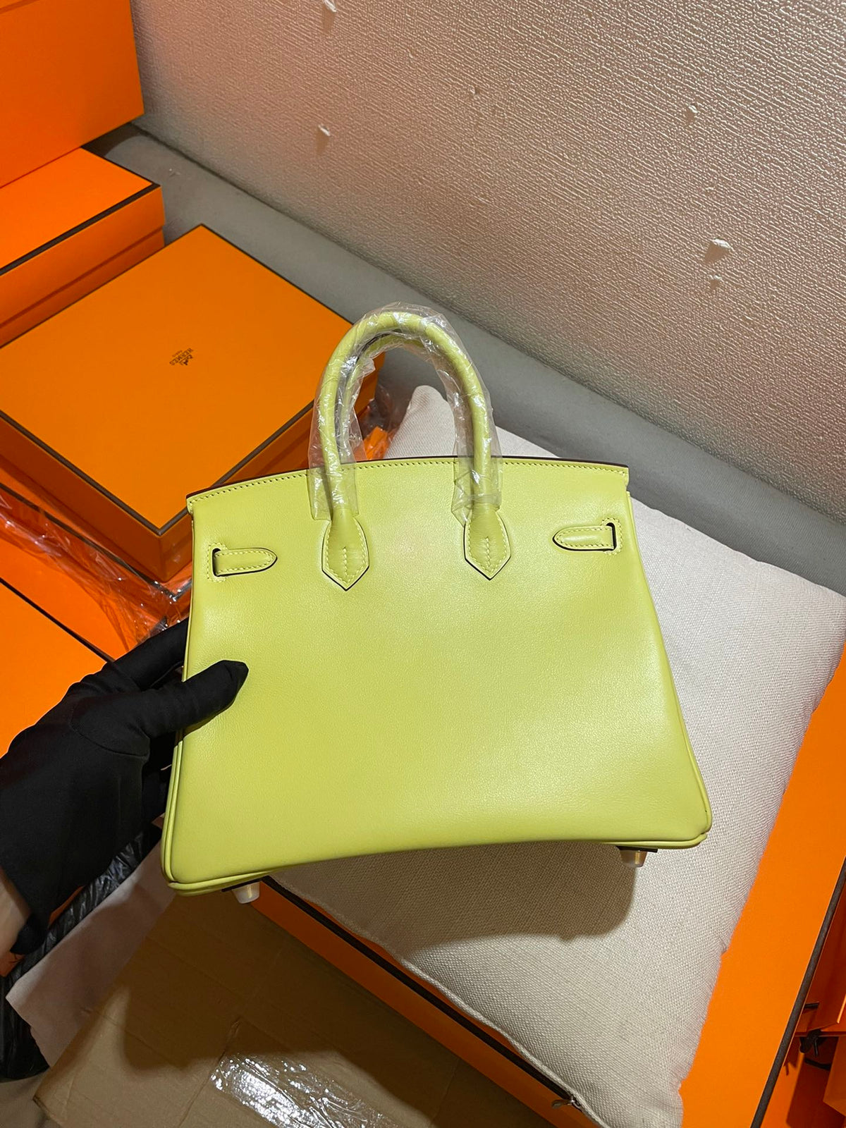 Vibrant Lime Green Leather Top Handle Handbag - Elegant Birkin Style Tote with Gold Hardware