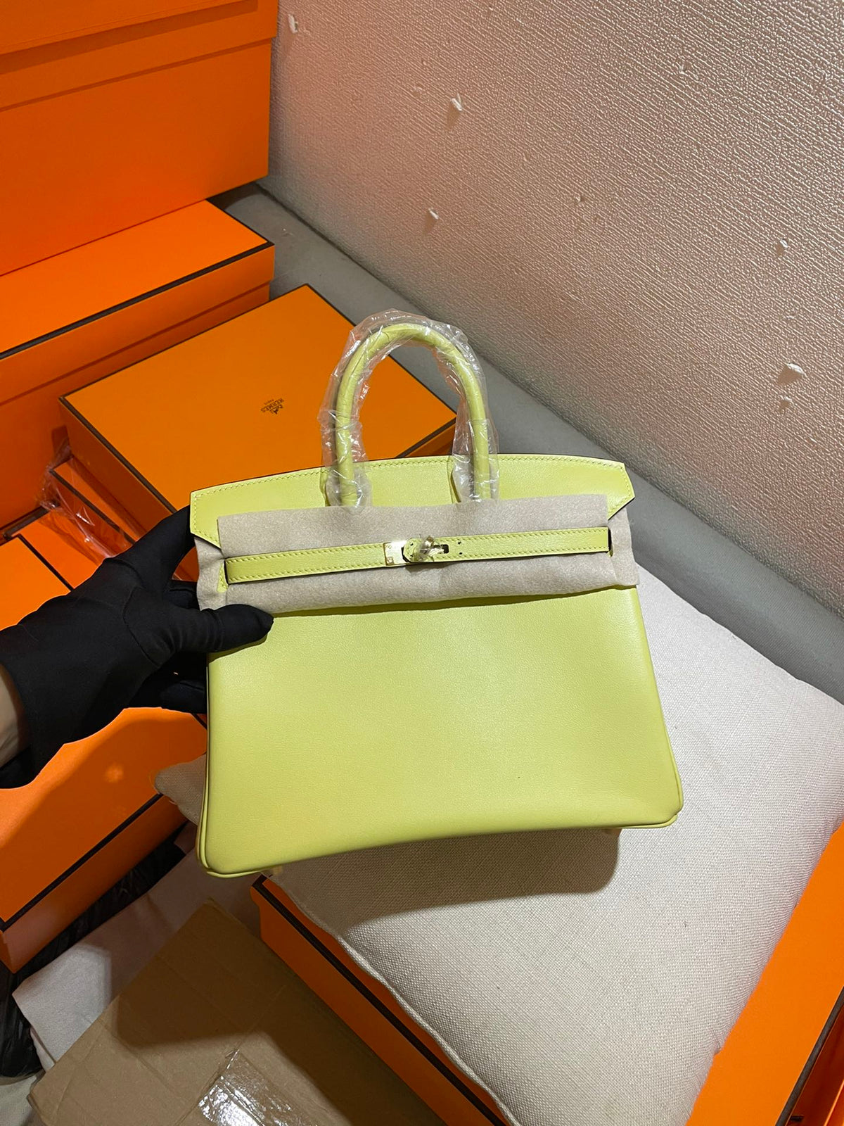 Vibrant Lime Green Leather Top Handle Handbag - Elegant Birkin Style Tote with Gold Hardware