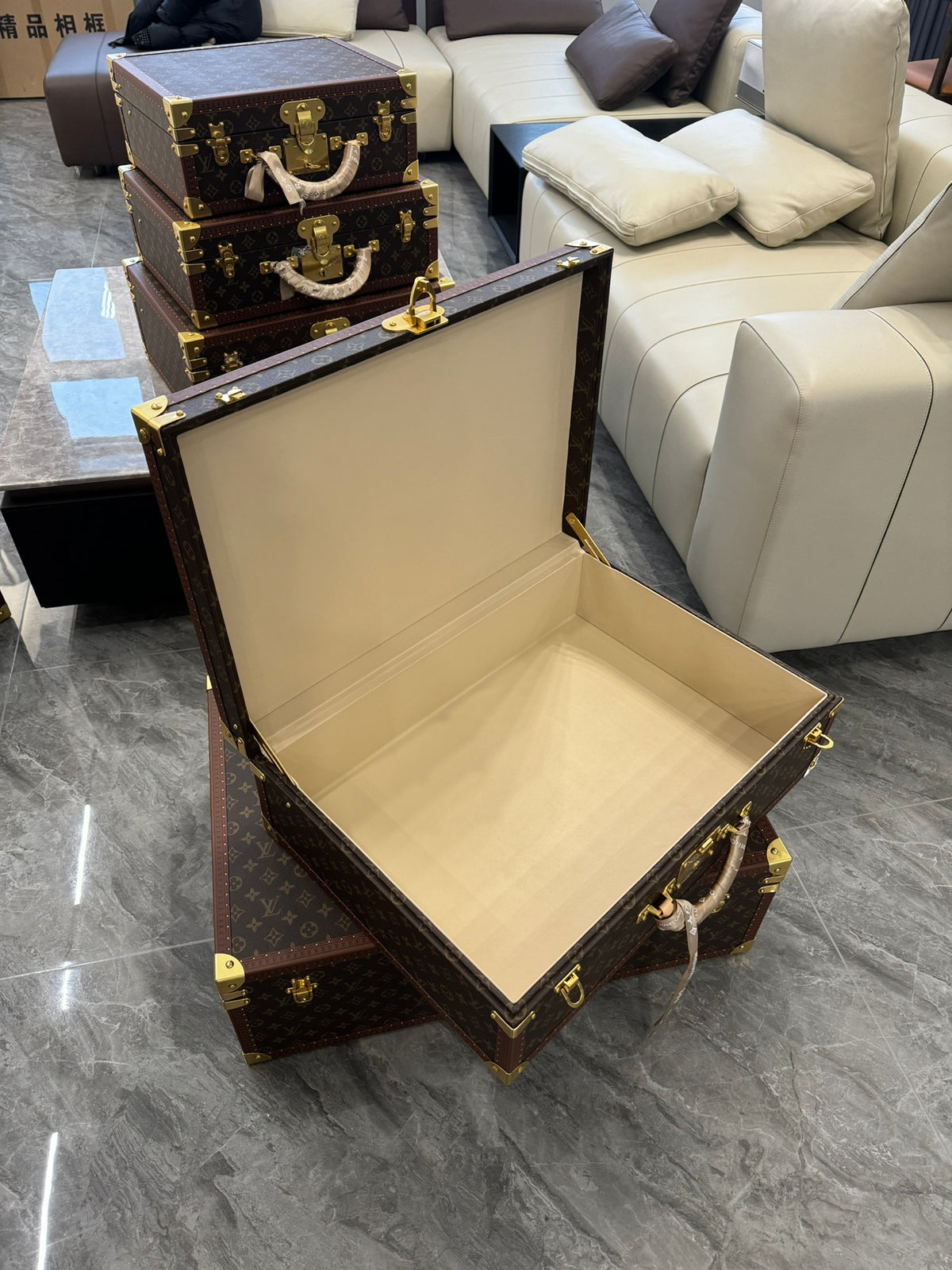 Vintage Brown Monogram Pattern Hard Trunk Case with Gold Latch