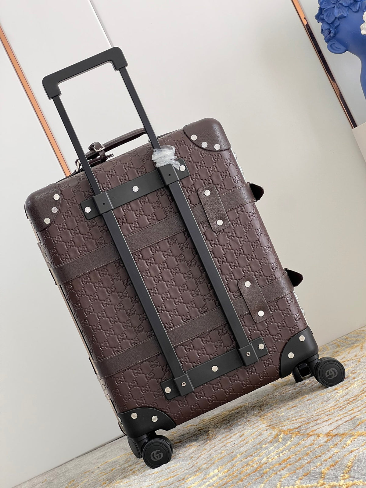 Vintage Brown Embossed Leather Spinner Luggage Suitcase