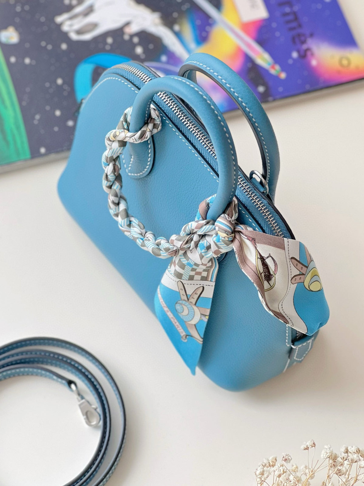 Elegant Blue Dome Handbags with Horse Charm and Silk Scarf - Set of 2 Top Handle Crossbody Bags