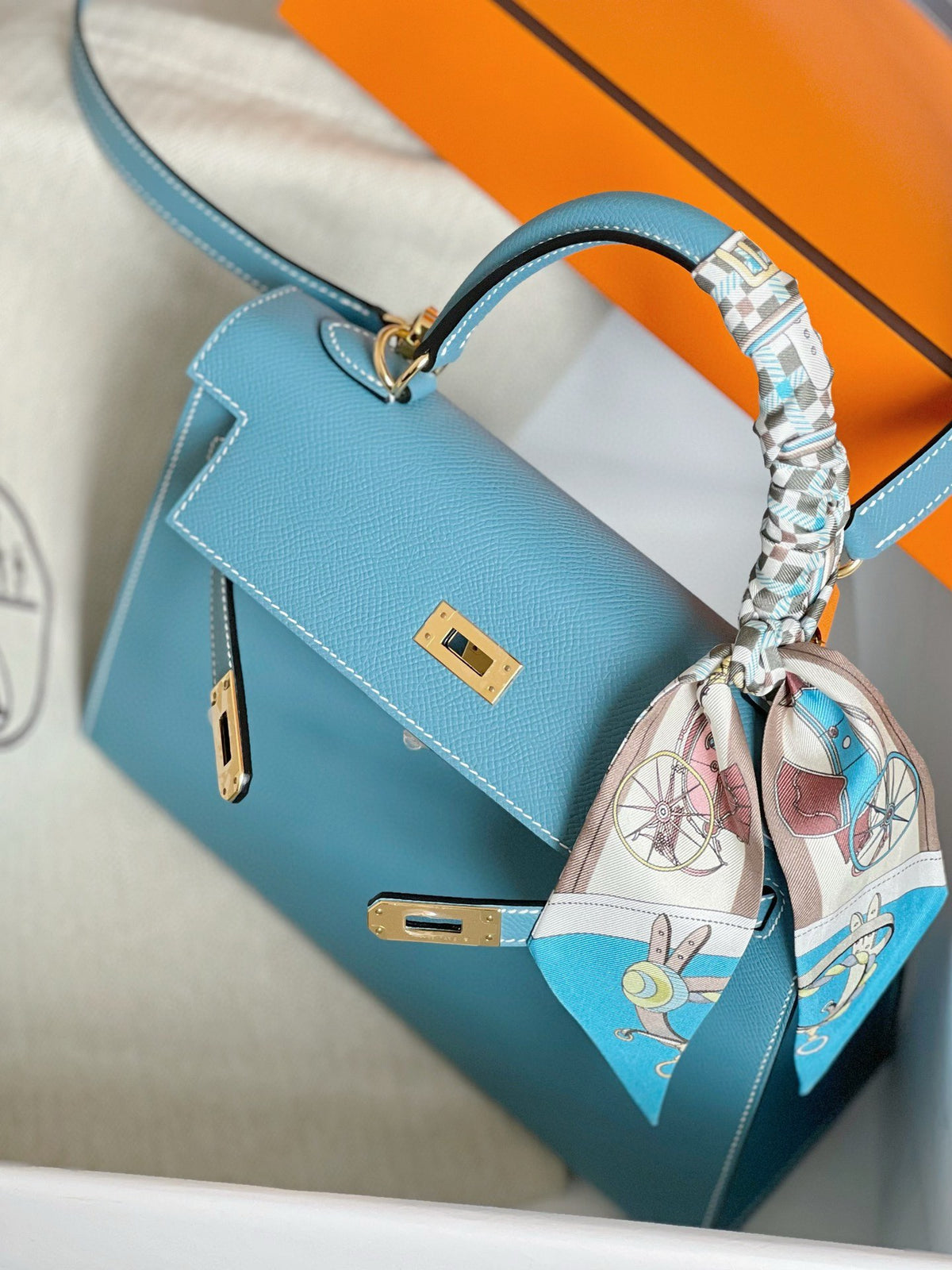 Hermès Kelly Style Light Blue Leather Handbag with Gold Hardware and Twilly Scarf