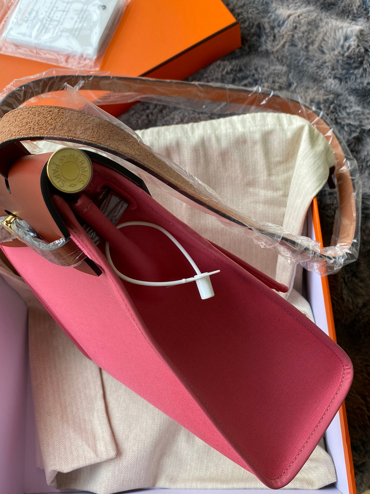 Two-Tone Pink Canvas and Brown Leather Top Handle Handbag - Women's Fashion Tote