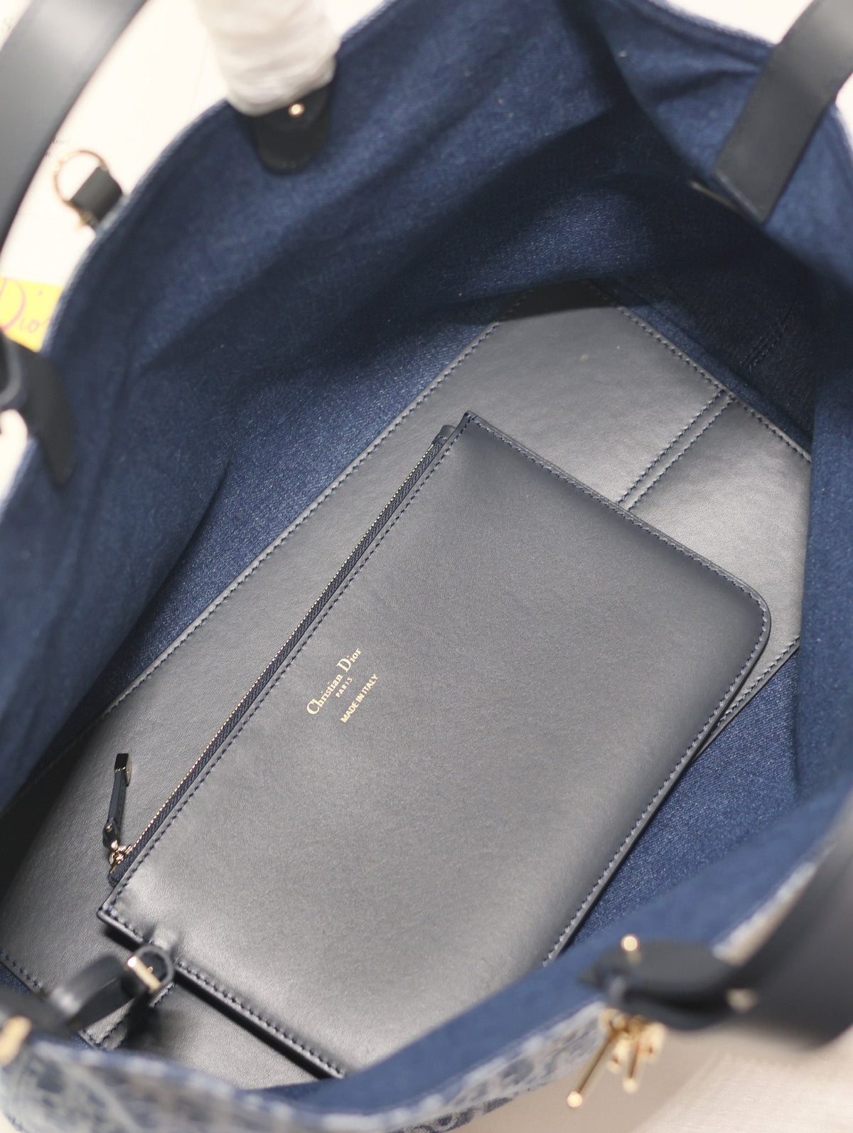 Vintage-Style Blue Monogram Canvas Tote Bag with Black Leather Handles and Gold Charm