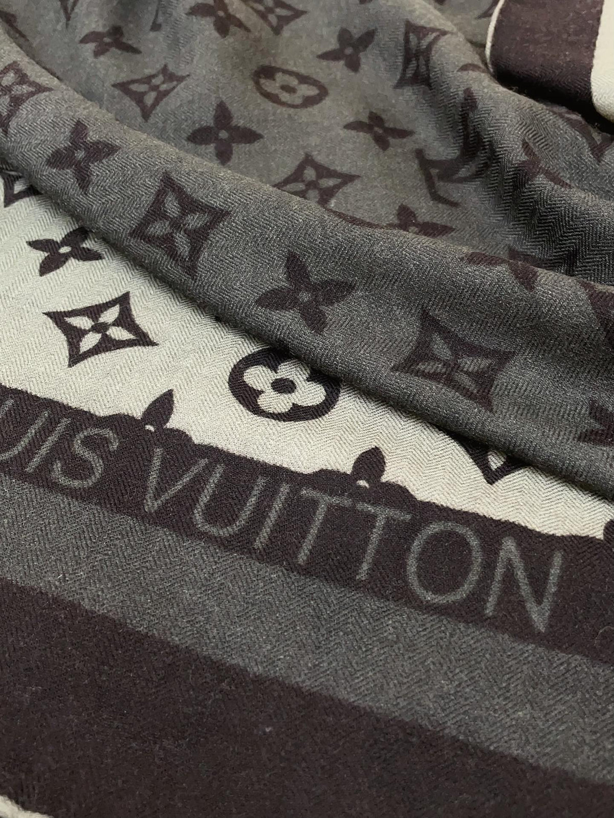 Women's Luxury Monogram Print Large Scarf - Grey and Black Oversized Shawl Wrap Fashion Accessory