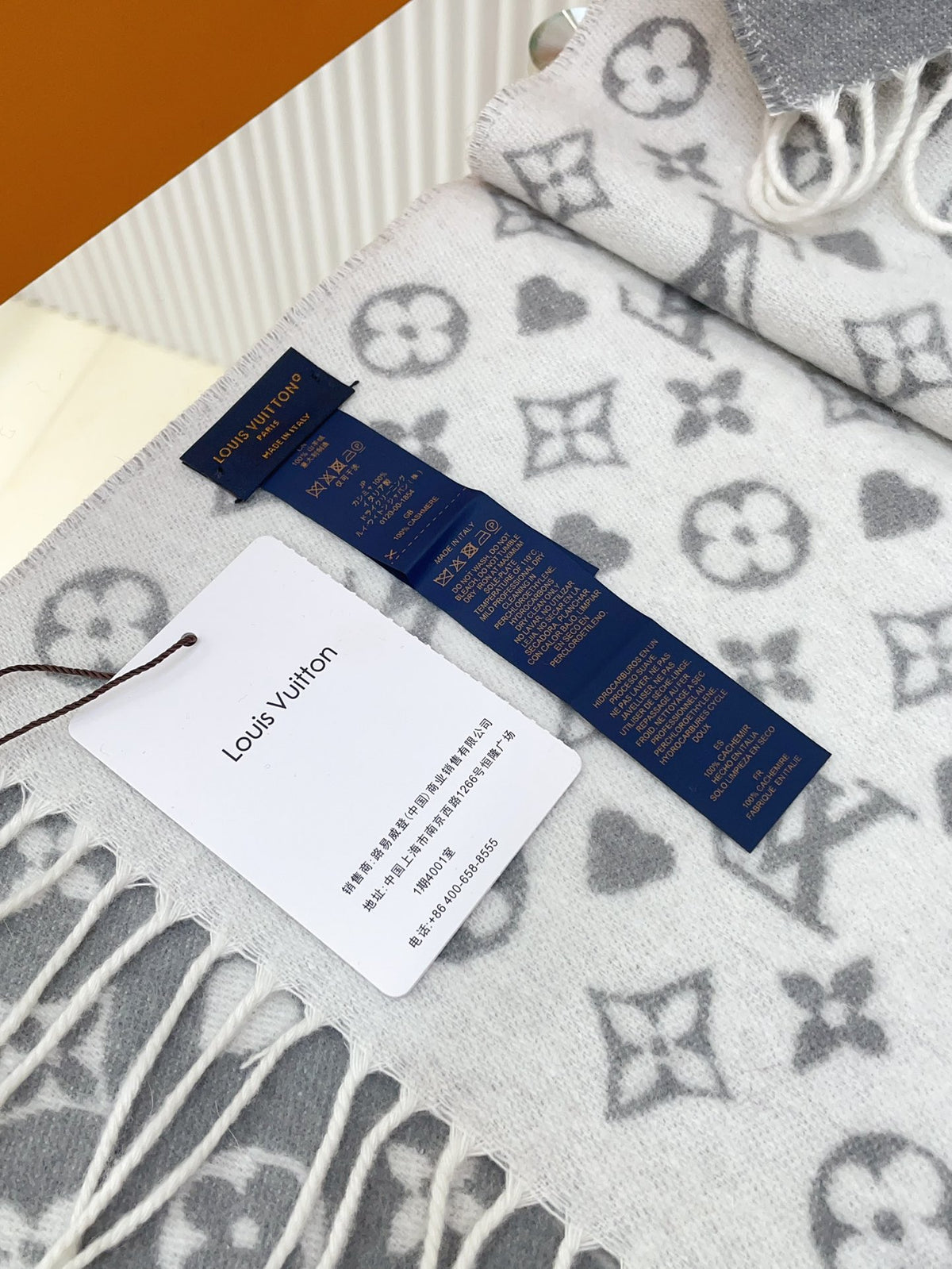 Women's Monogram Hearts Printed Scarf - Grey and Light Blue Reversible Winter Pashmina Shawl with Fringe Tassels - Warm Soft Neck Wrap