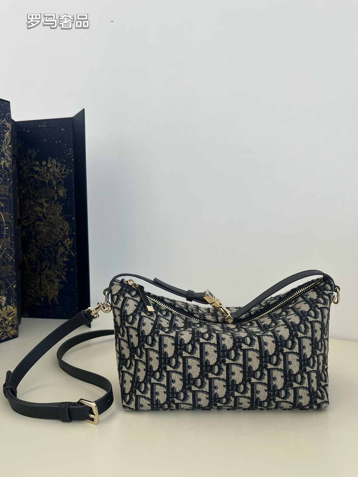 Vintage Inspired Monogram Canvas Shoulder Bag with Adjustable Strap - Navy Blue & Grey
